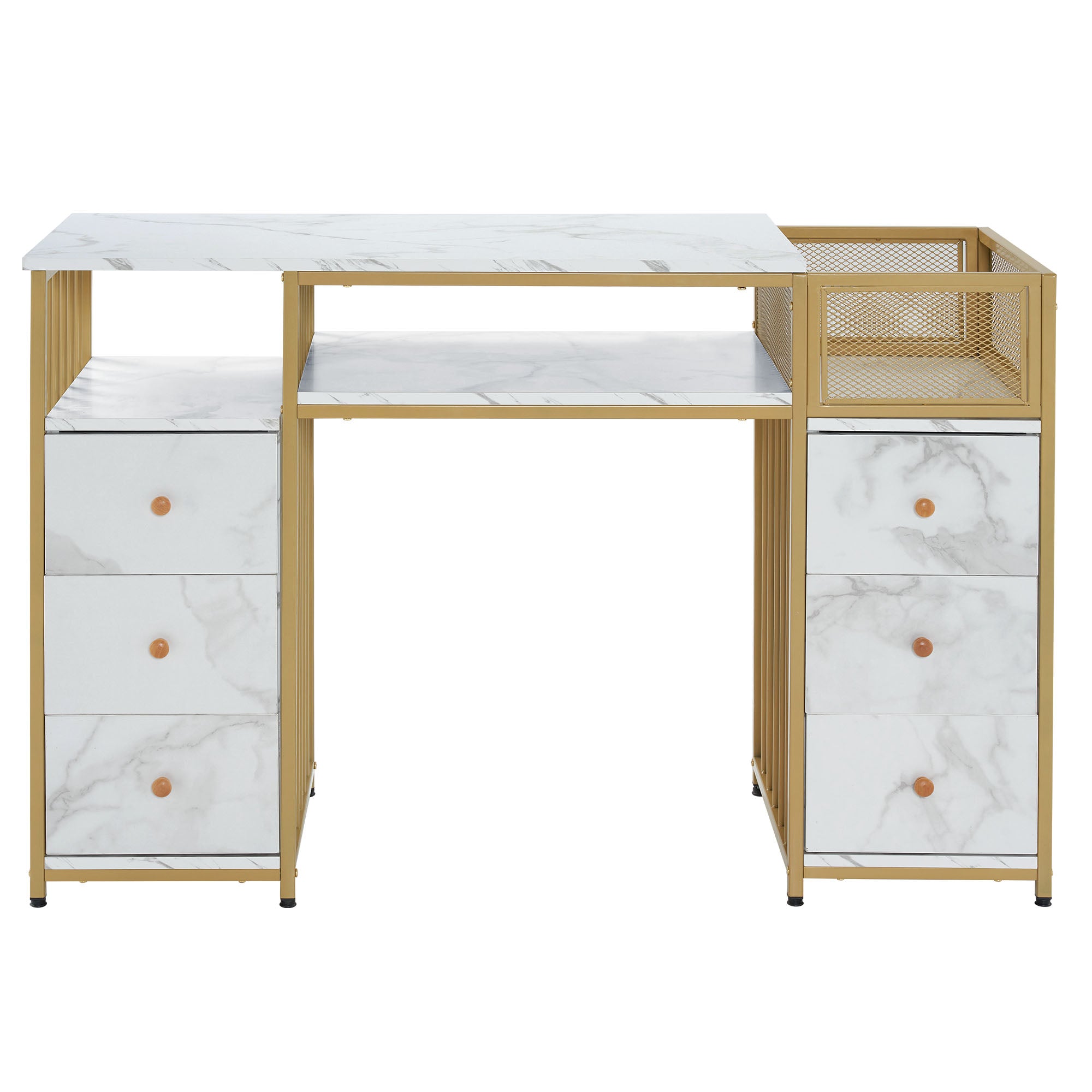 Marbling Nail Tech Desk with Metal Frame, Manicure Beauty Storage Organizer with Drawers 2425