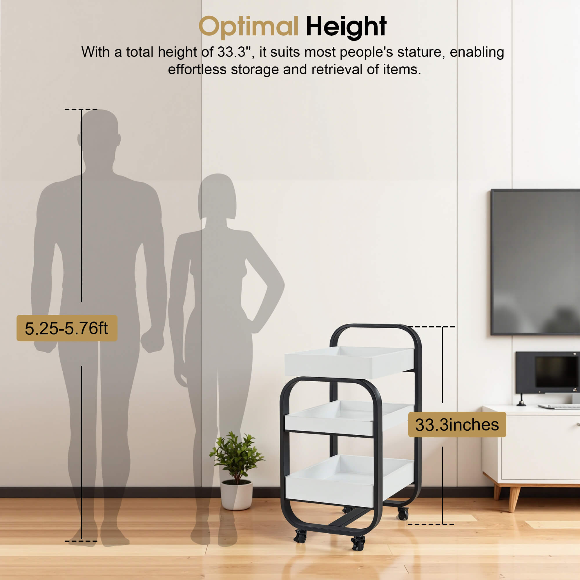 3-Tier Modern Salon Rolling Trolley with Metal Frame, Barber Storage Cart with Lockable Wheels 2085