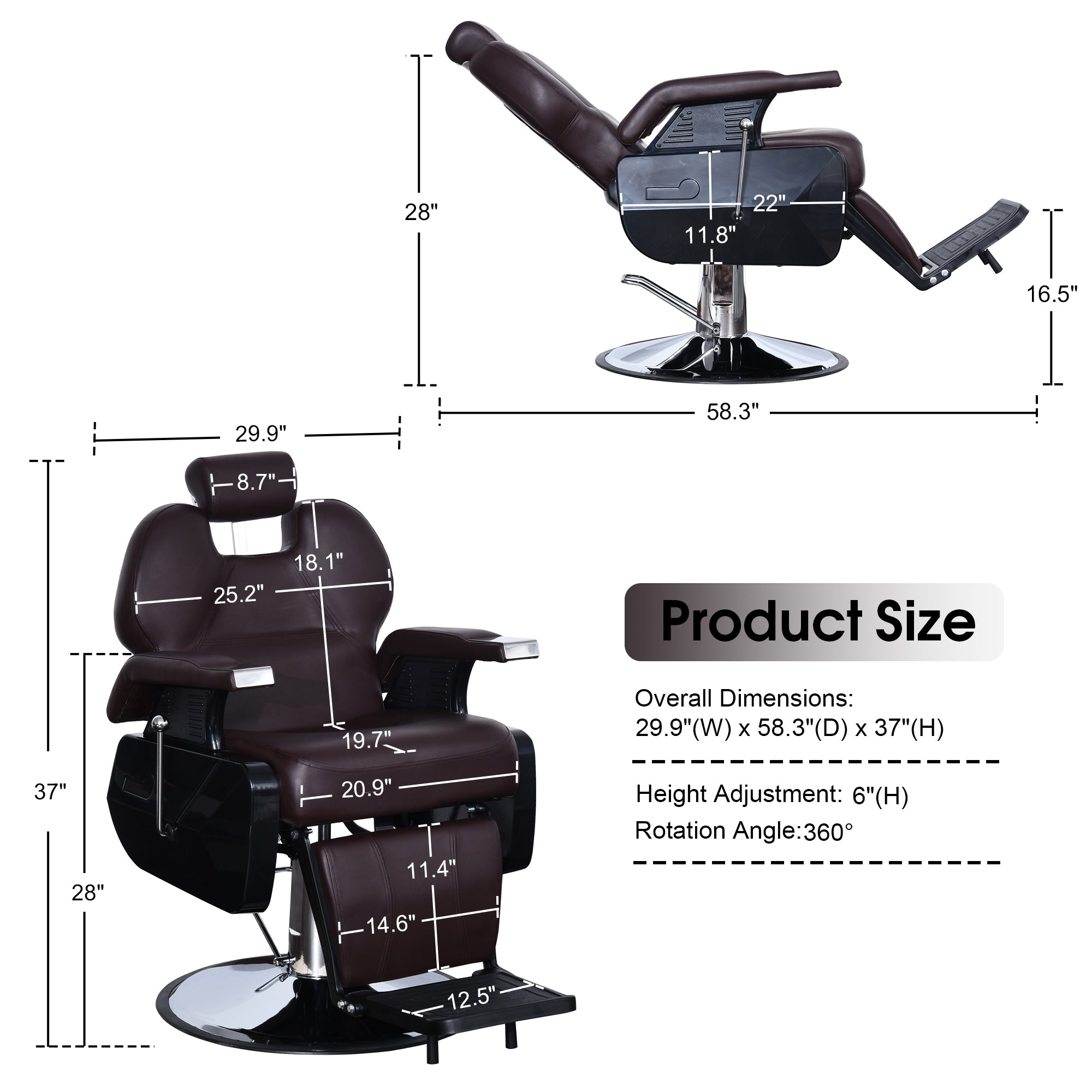 BarberPub Reclining Barber Chair, All Purpose Hydraulic Chair with Headrest 2688