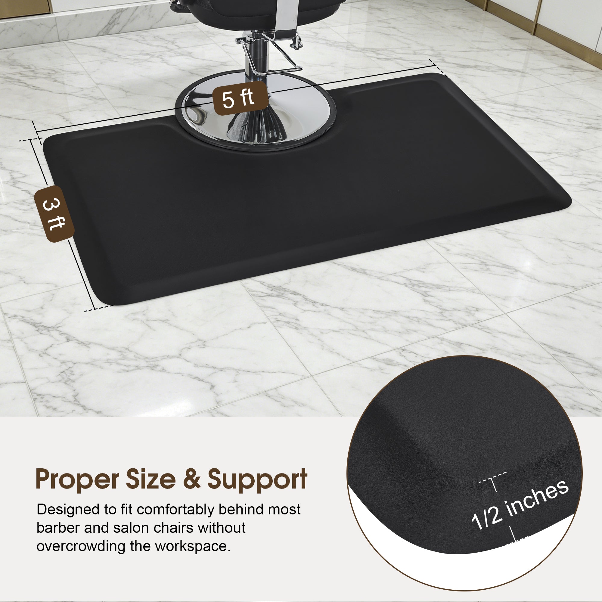 BarberPub 3'x5' Salon Barber Chair Anti-Fatigue Floor Mat Rectangle 1/2" Thick 0035