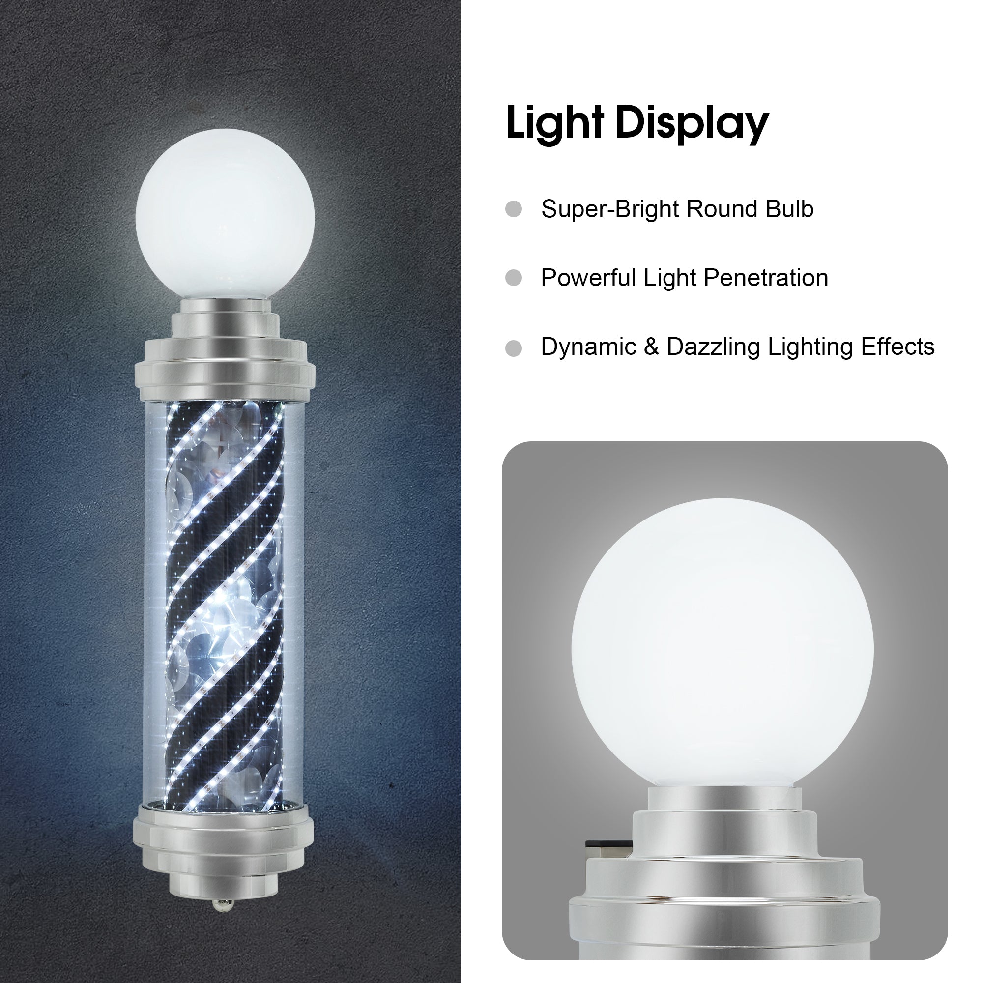 Black & White LED Barber Pole Light, Spinning Waterproof Wall Mounted Salon Sign L014