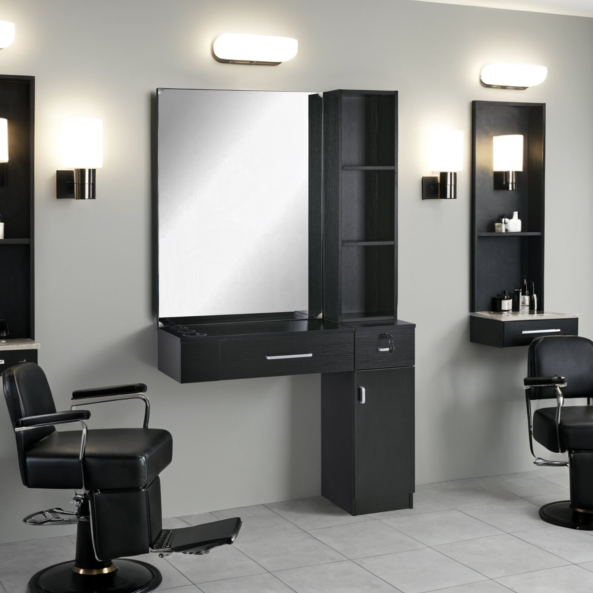 BarberPub Wall Mount Hair Styling Barber Station with Mirror Beauty Equipment 3026
