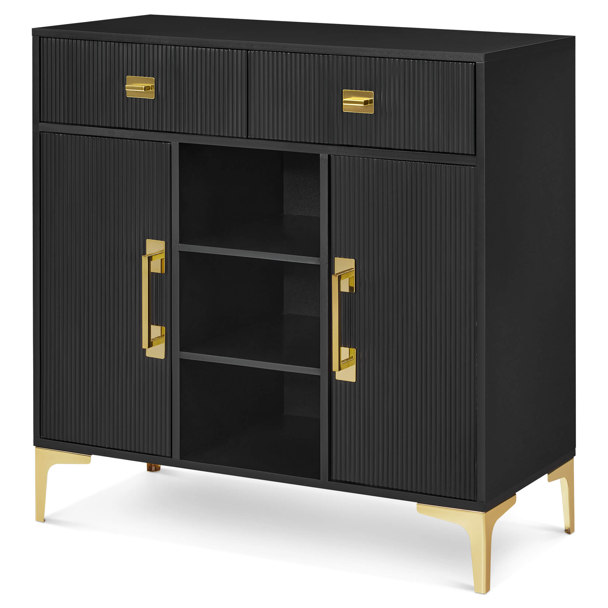 Black Fluted Freestanding Barber Station with Storage Drawers & Cabinet & Open Space 3161