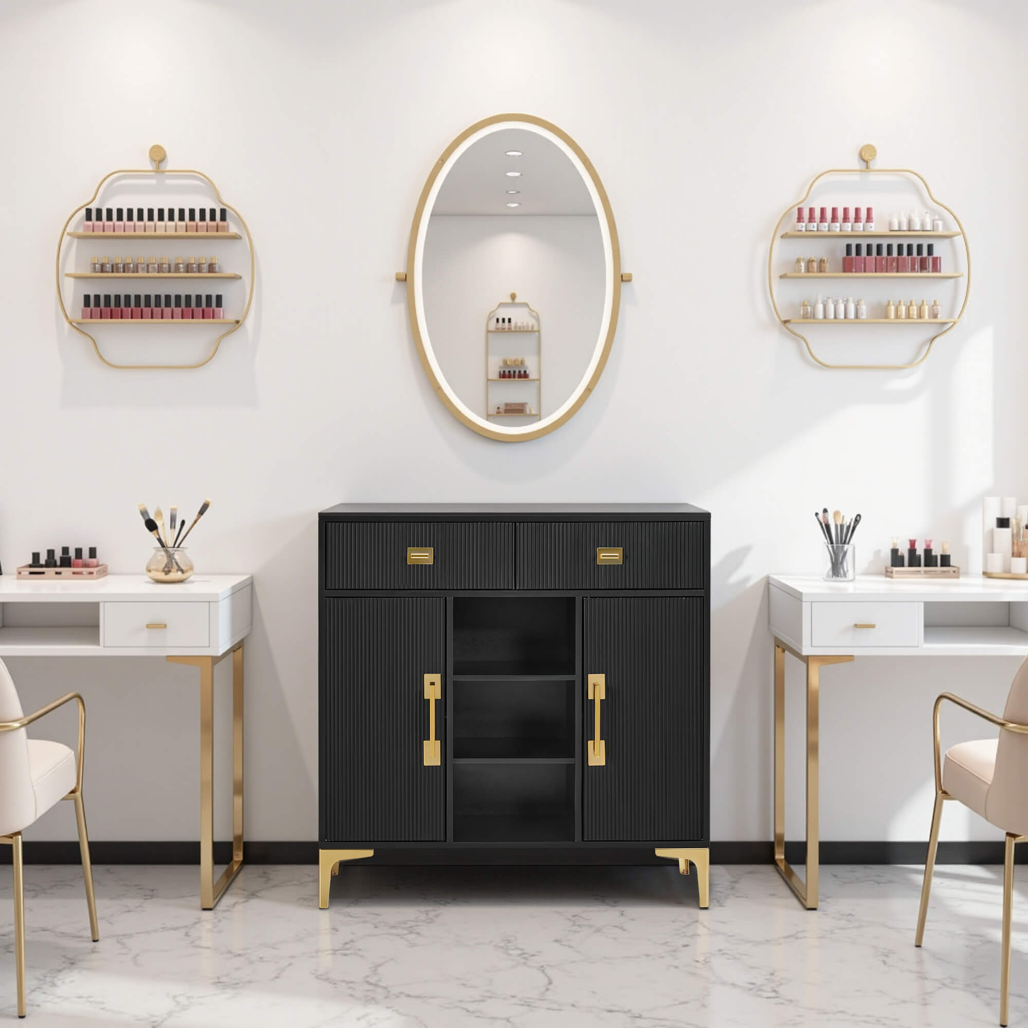 Black Fluted Freestanding Barber Station with Storage Drawers & Cabinet & Open Space 3161