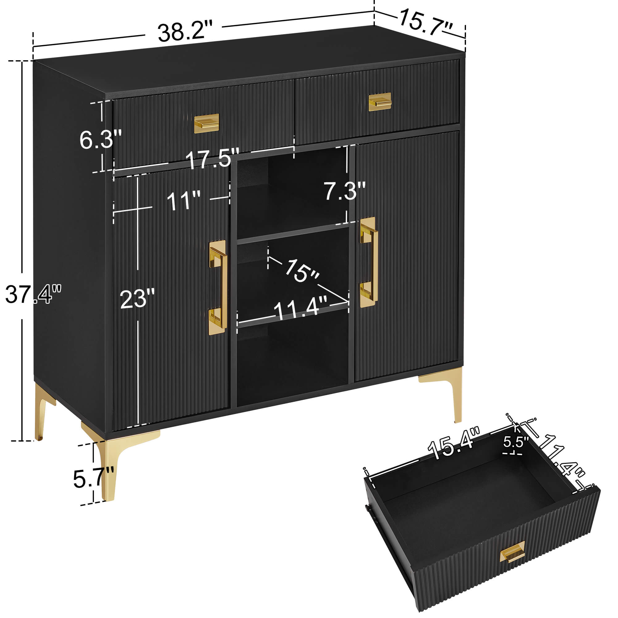 Black Fluted Freestanding Barber Station with Storage Drawers & Cabinet & Open Space 3161