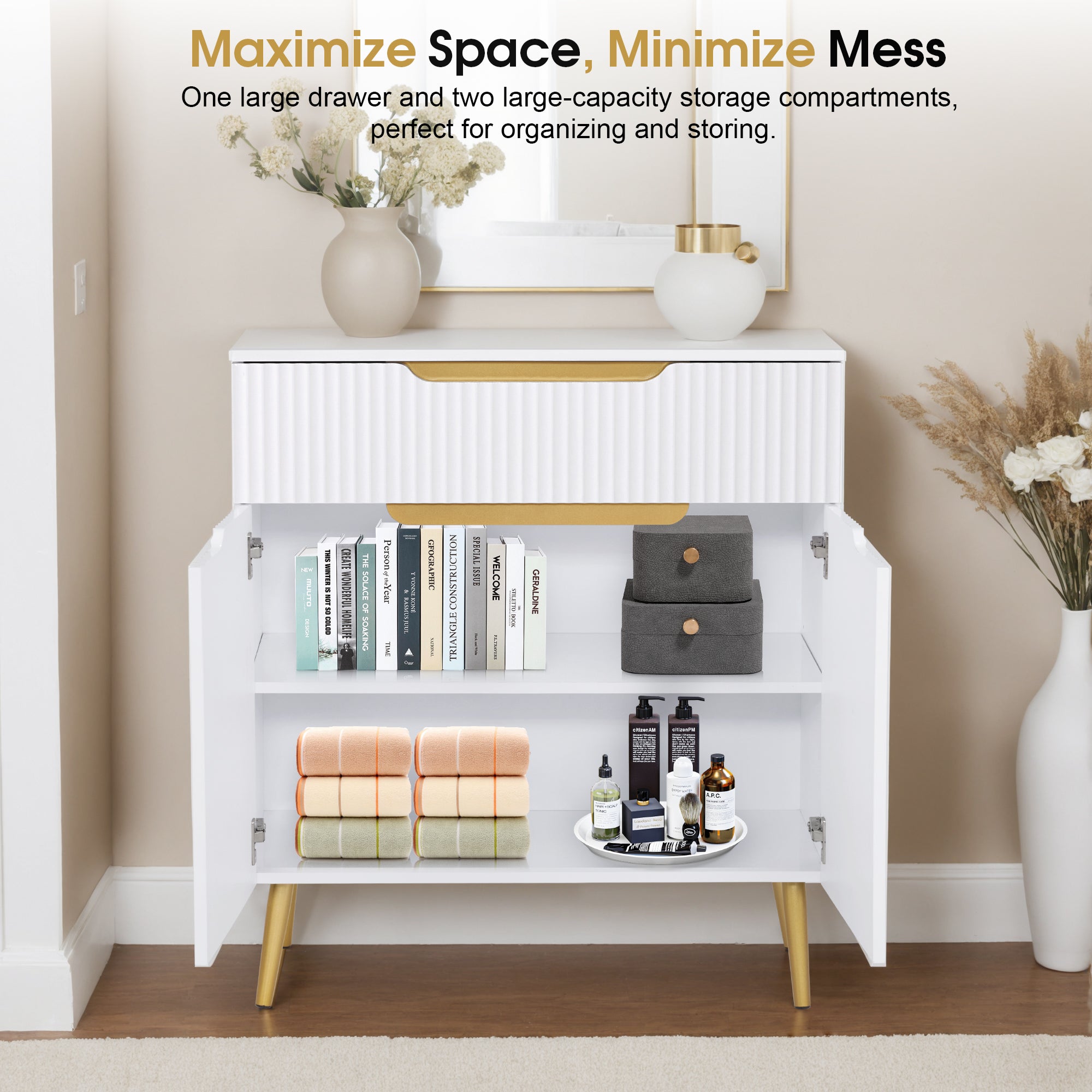 BarberPub Fluted Barber Station with Drawer & Cabinet, Beauty Salon White Storage Organizer 3196