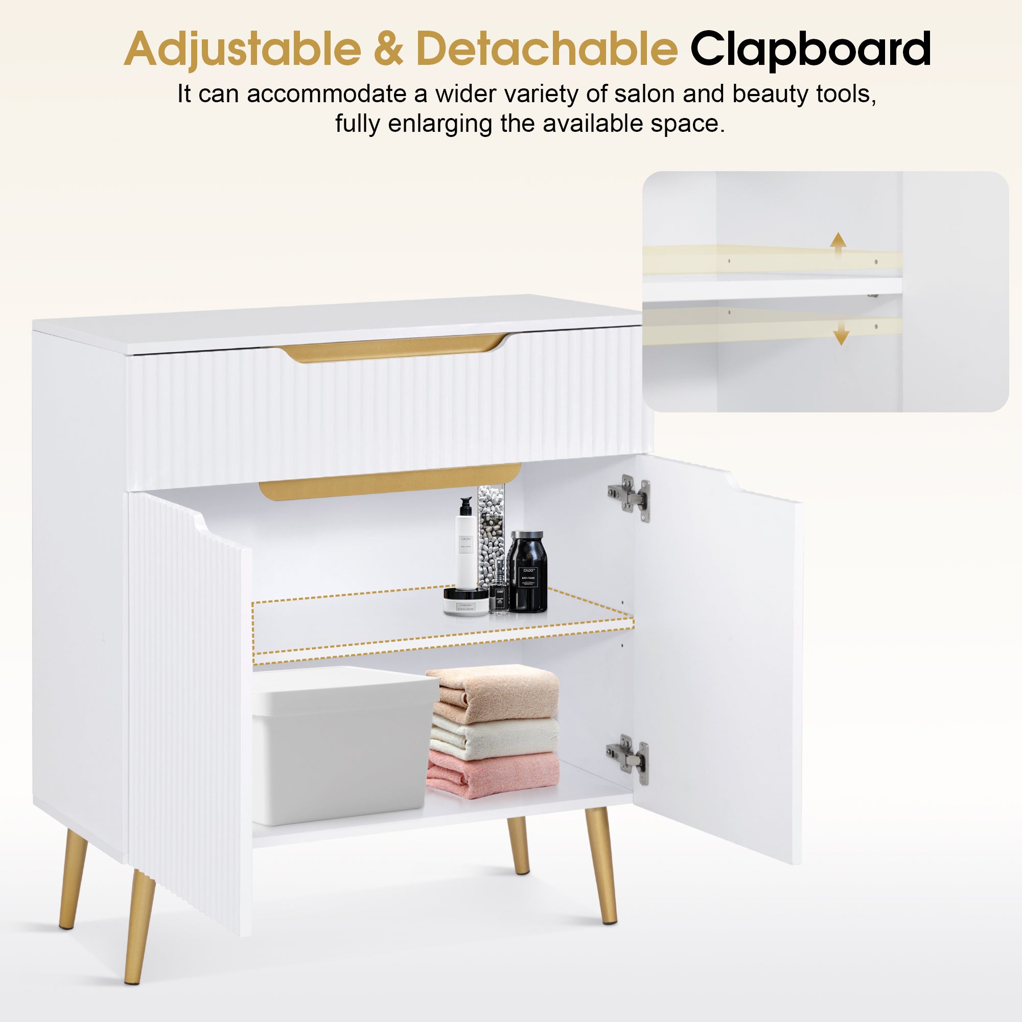 BarberPub Fluted Barber Station with Drawer & Cabinet, Beauty Salon White Storage Organizer 3196