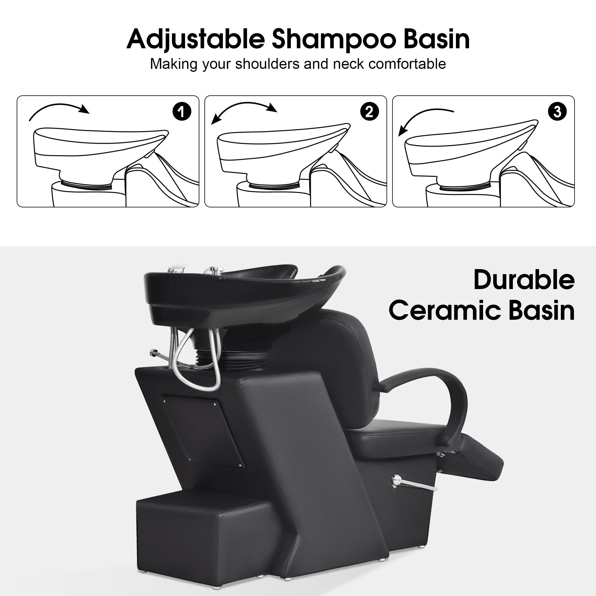 BarberPub Backwash Shampoo Station Chair, Adjustable Ceramic Bowl Barber Station 9051