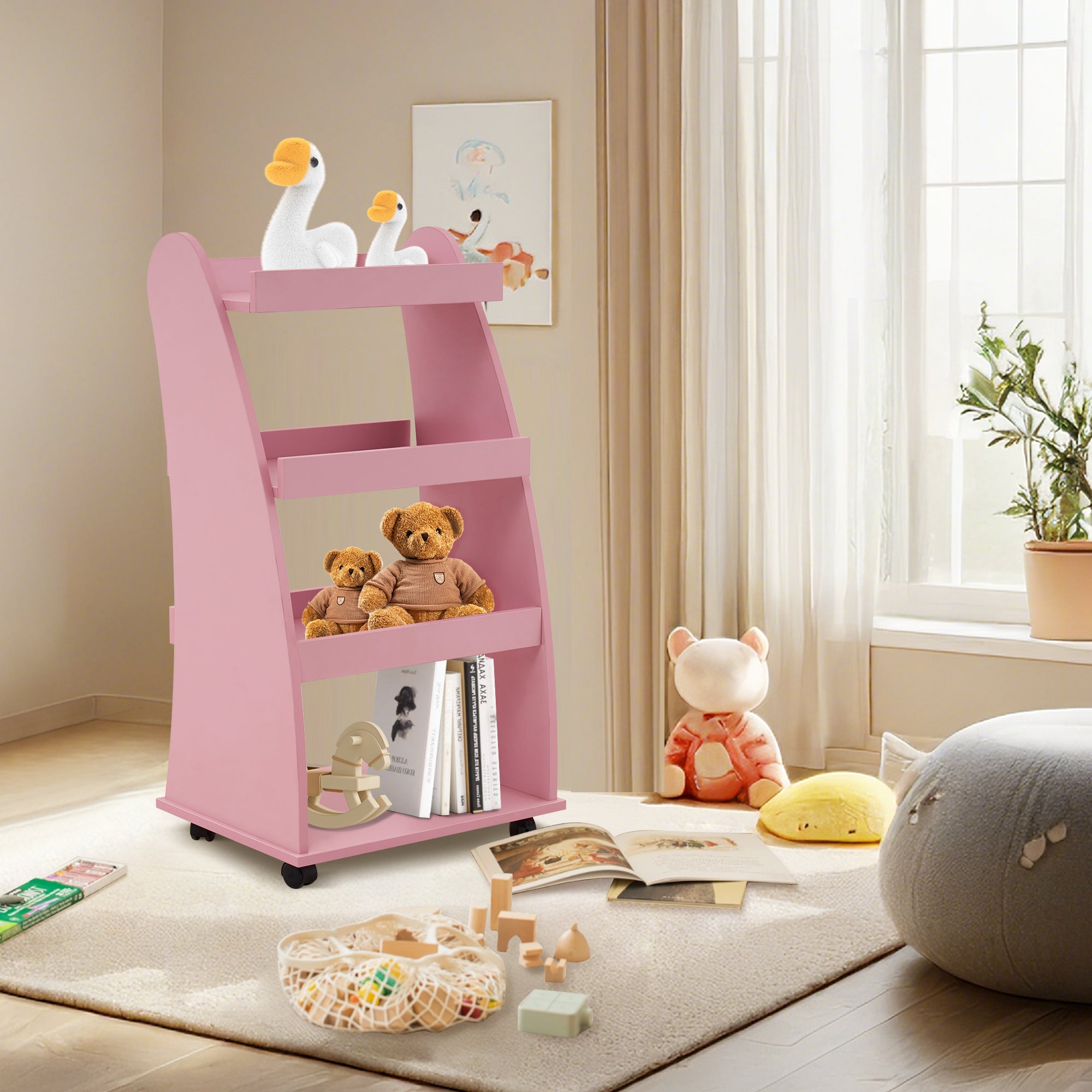 4-Tier Kids Bookshelf Rolling Cart for Storage, Children's Bookcases Organizer 2030