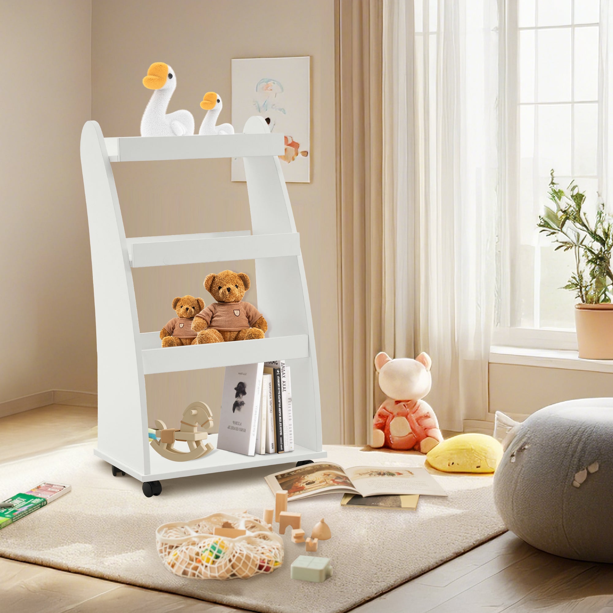 4-Tier Kids Bookshelf Rolling Cart for Storage, Children's Bookcases Organizer 2030