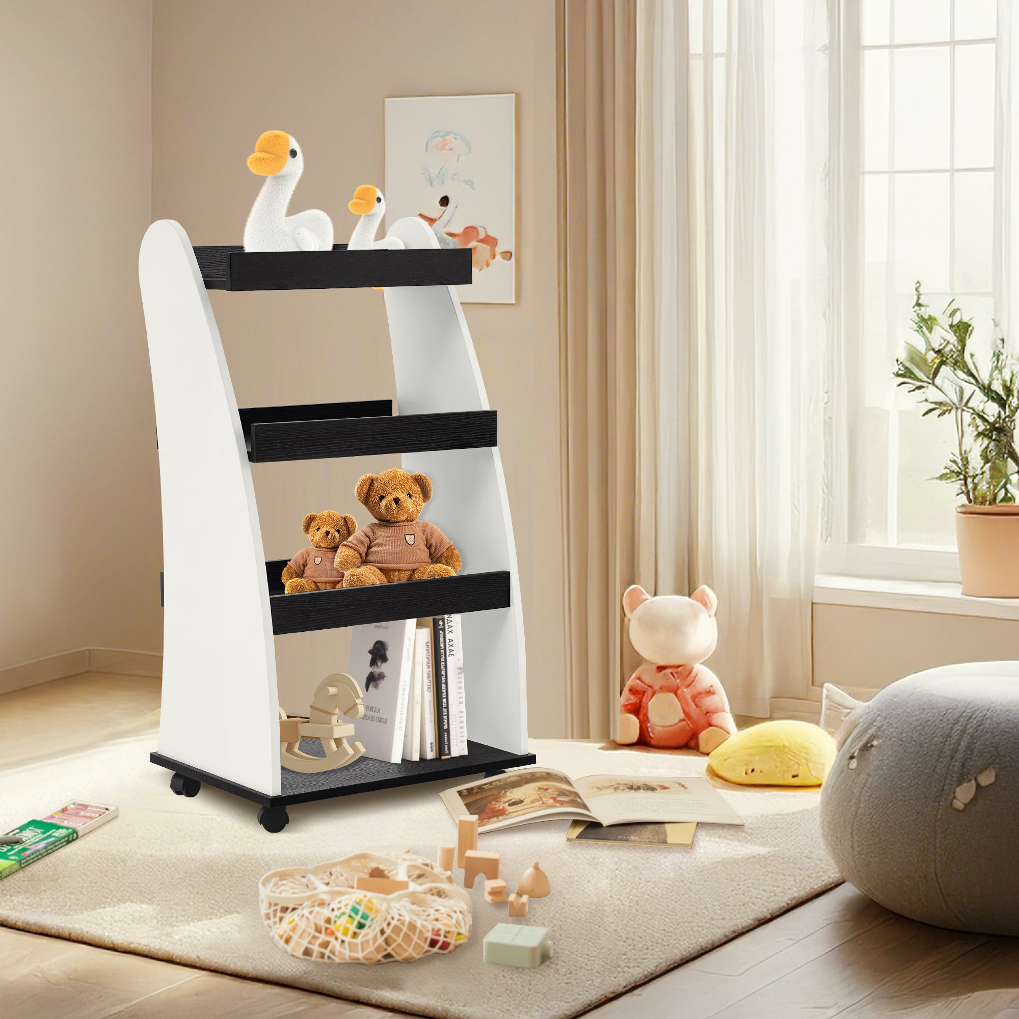 4-Tier Kids Bookshelf Rolling Cart for Storage, Children's Bookcases Organizer 2030