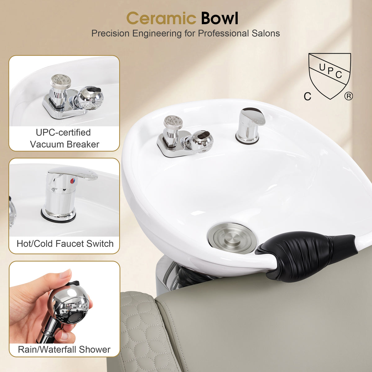 BarberPub Shampoo Chair and Bowl Set, Dual Side Hand Levers, 9043