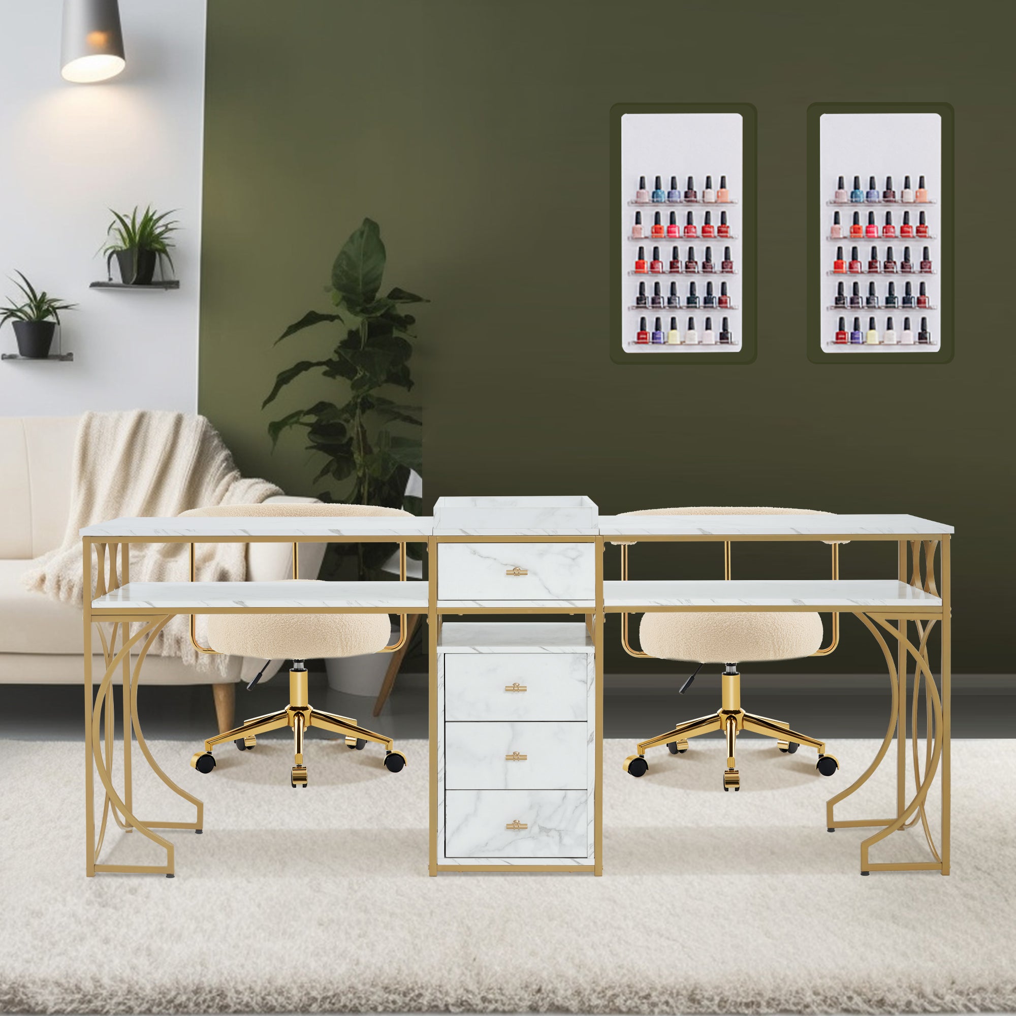 BarberPub Double Manicure Table, Marbling Textured Nail Station for 2 person 2488