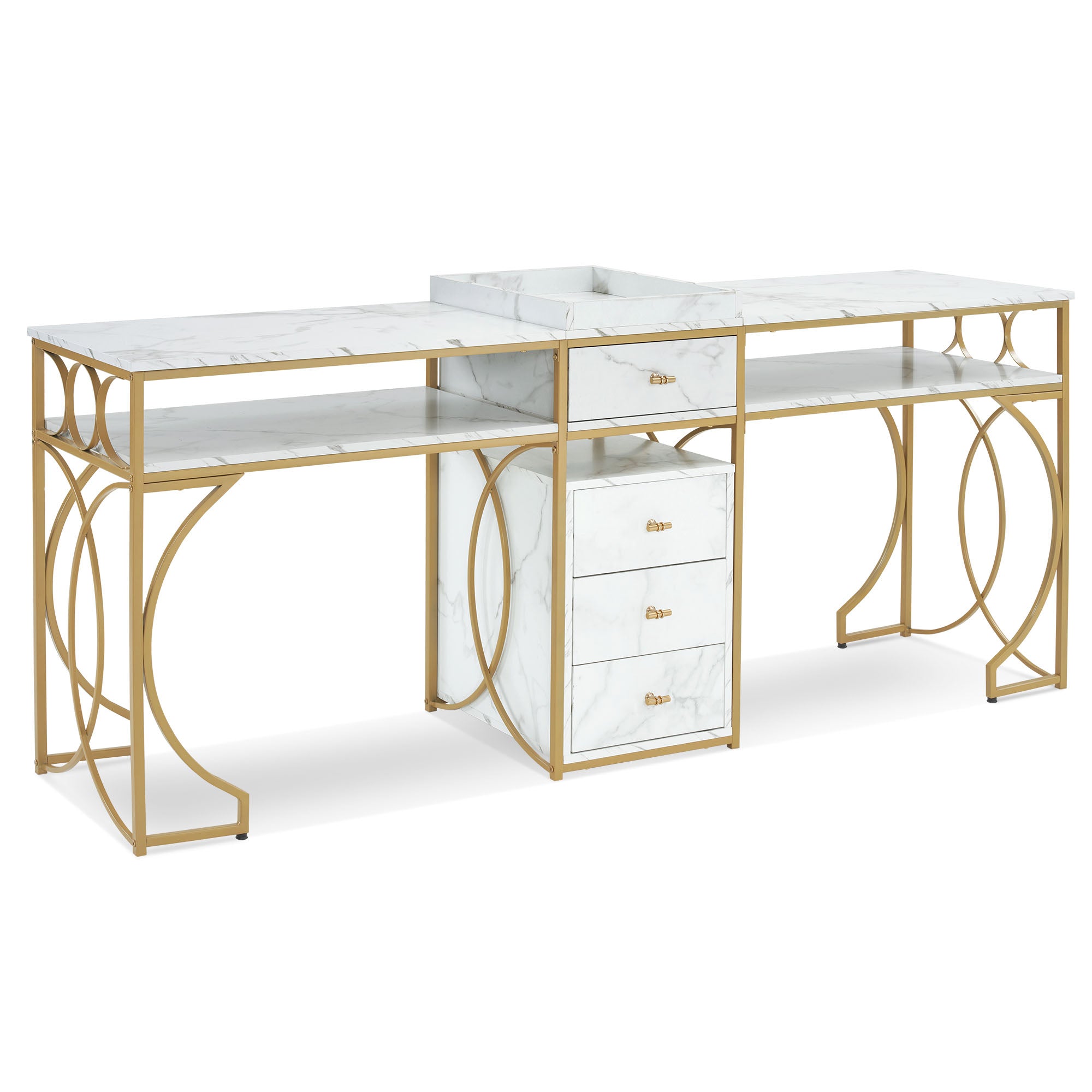 BarberPub Double Manicure Table, Marbling Textured Nail Station for 2 person 2488