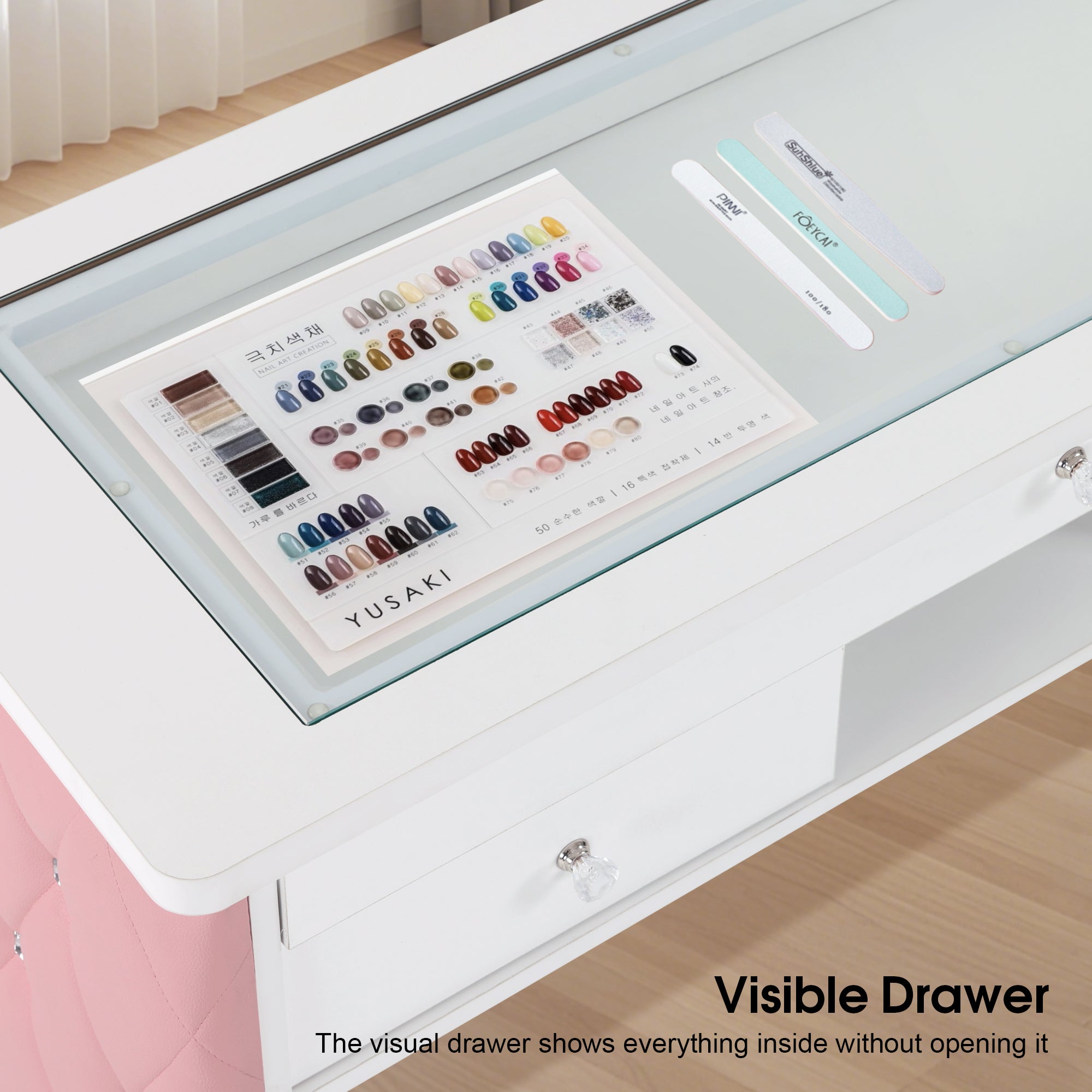 Glass-Top Nail Desk with Storage Drawer & Leather Padding, Beauty Manicure Station 2675