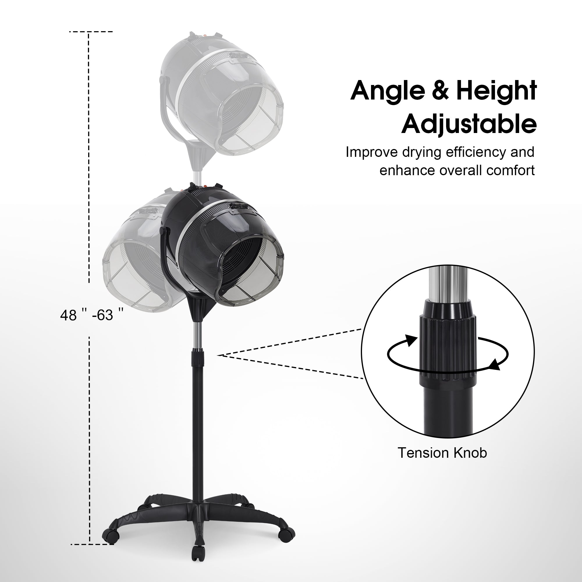 BarberPub 1300W Adjustable Hooded Floor Hair Bonnet Dryer Stand Up Rolling Base VHD08