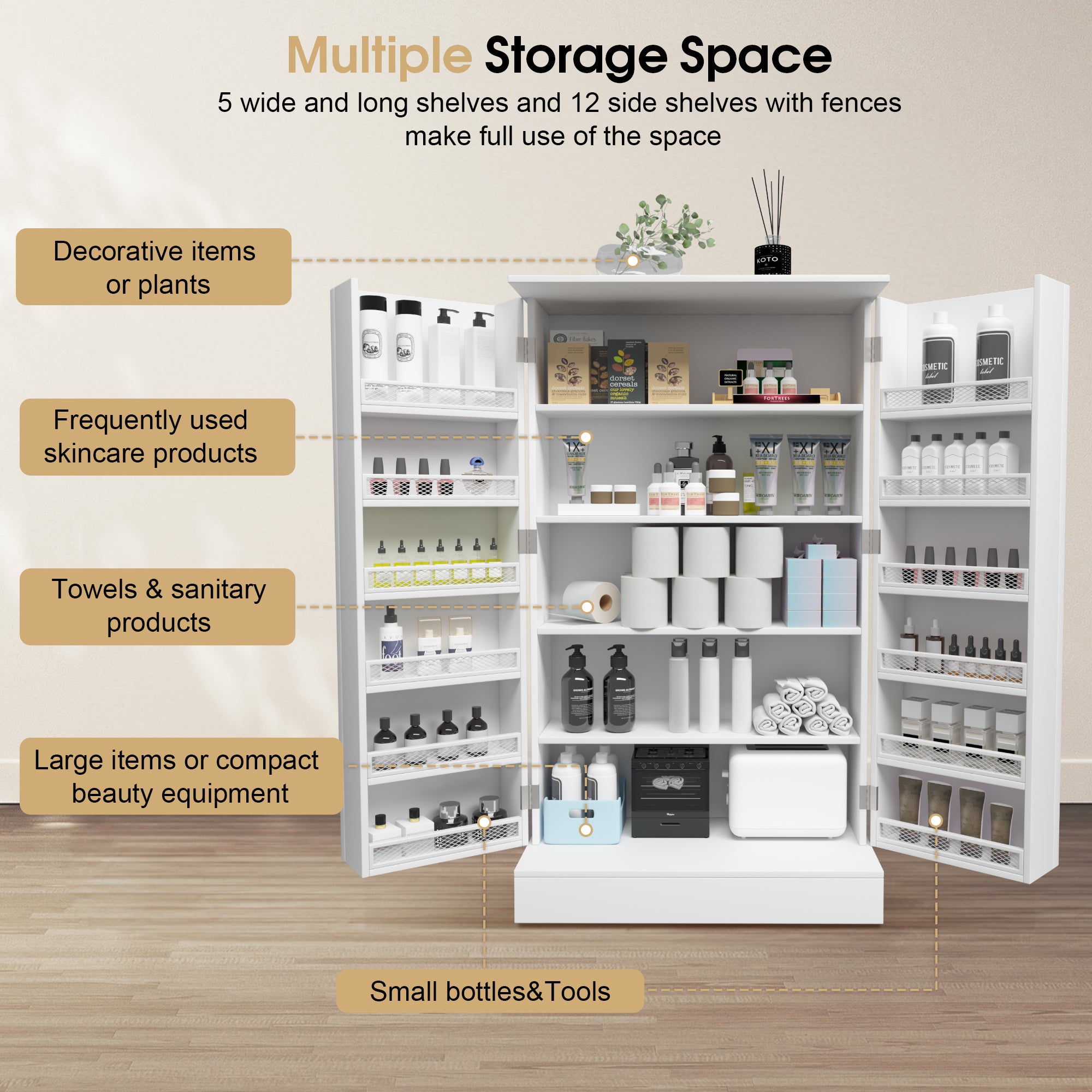 Multi-Functional Storage Cabinet with Adjustable Shelves, Beauty Salon Organizer 2024