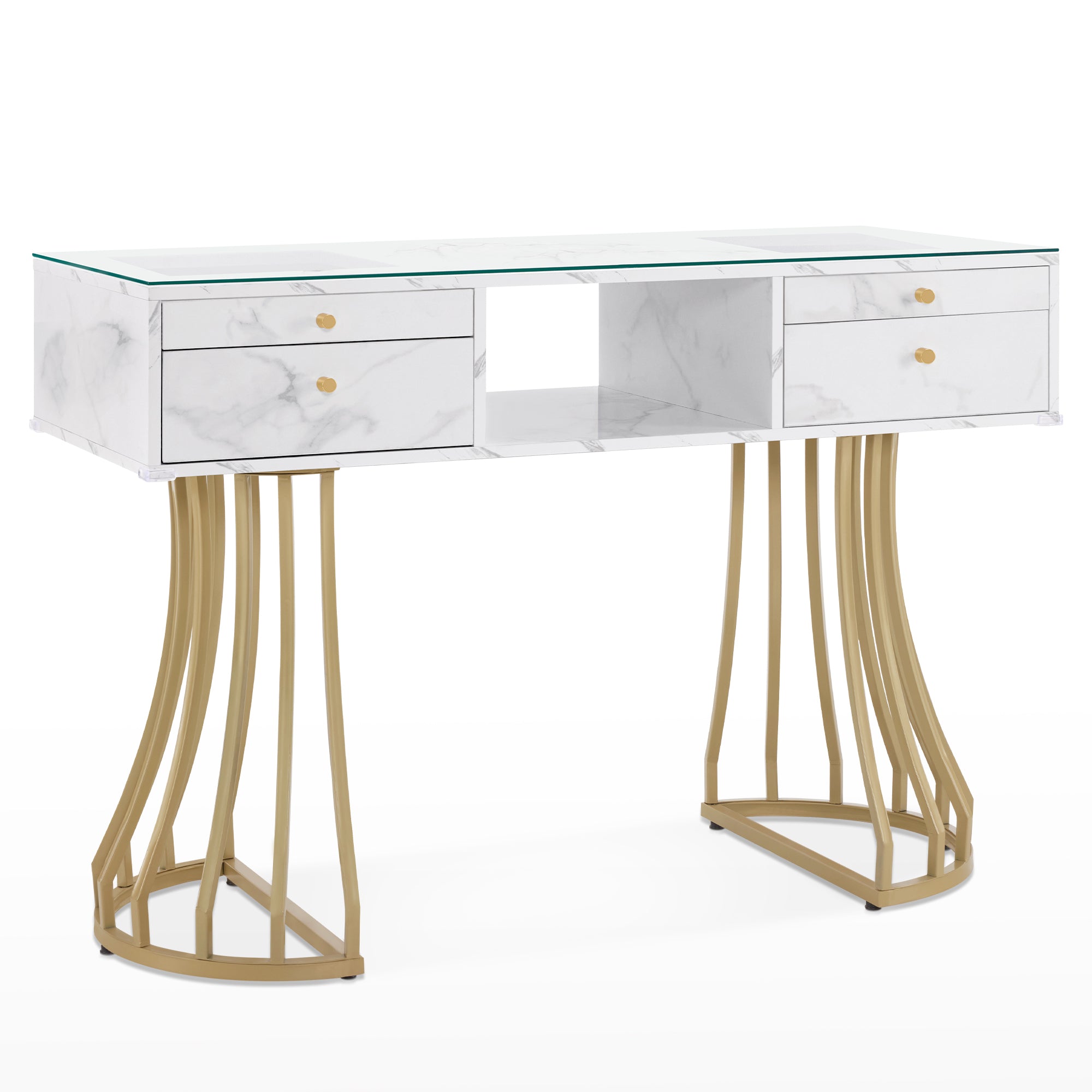 BarberPub Manicure Table with Glass, Marbling Textured Nail Tech Desk with Golden Metal Frame 2464