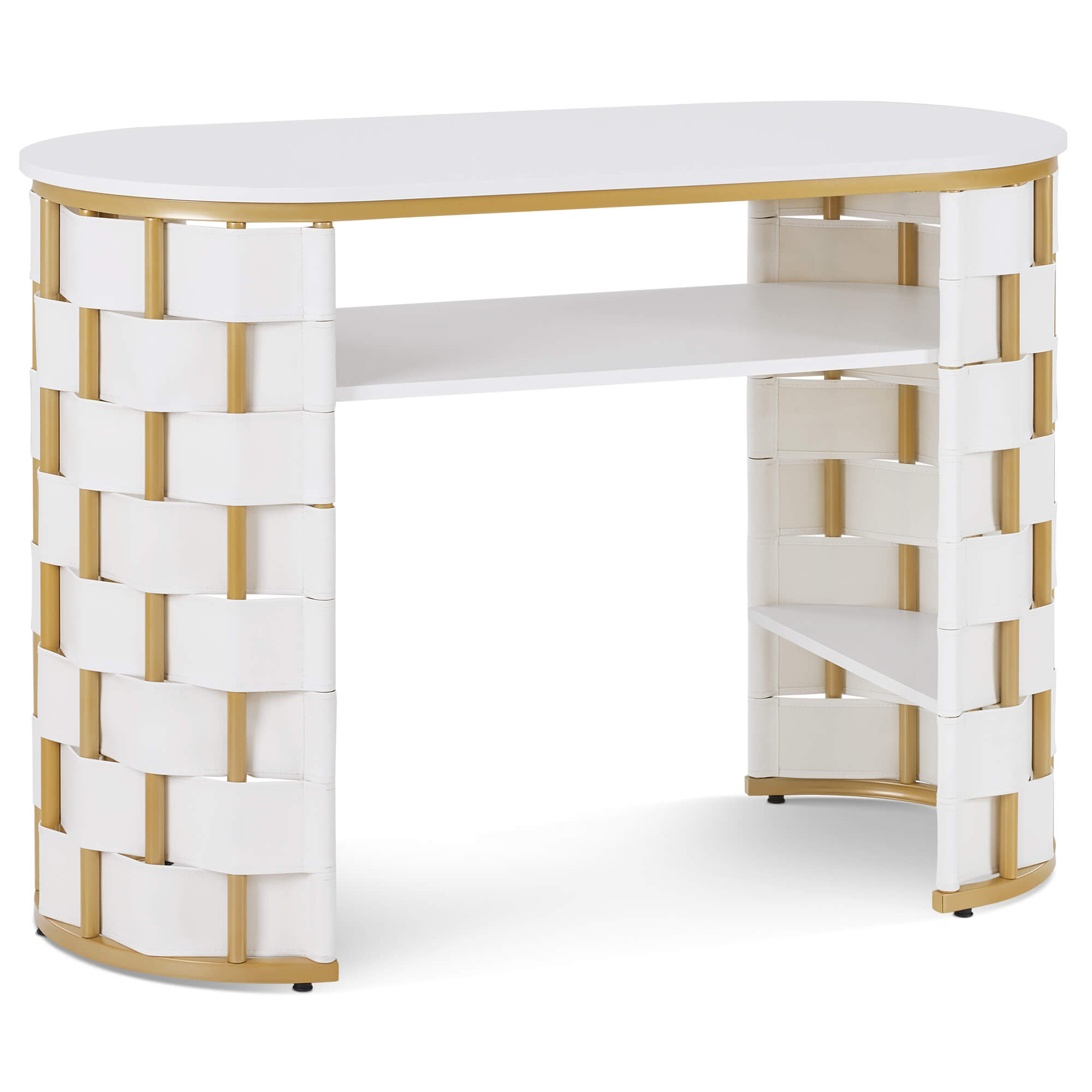 White Woven Leather Manicure Table for Storage, Beauty Salon Nail Desk with Metal Frame 2405