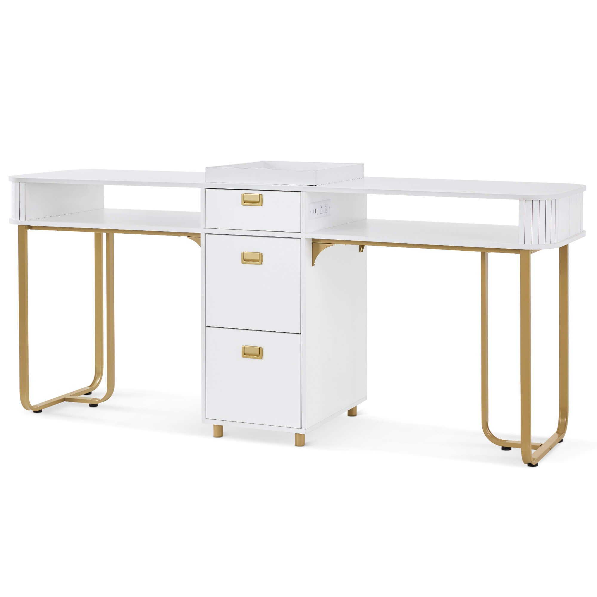 Modern Double Manicure Table for Storage, Acetone Resistant Nail Desk with Built-In Power Outlet 2451