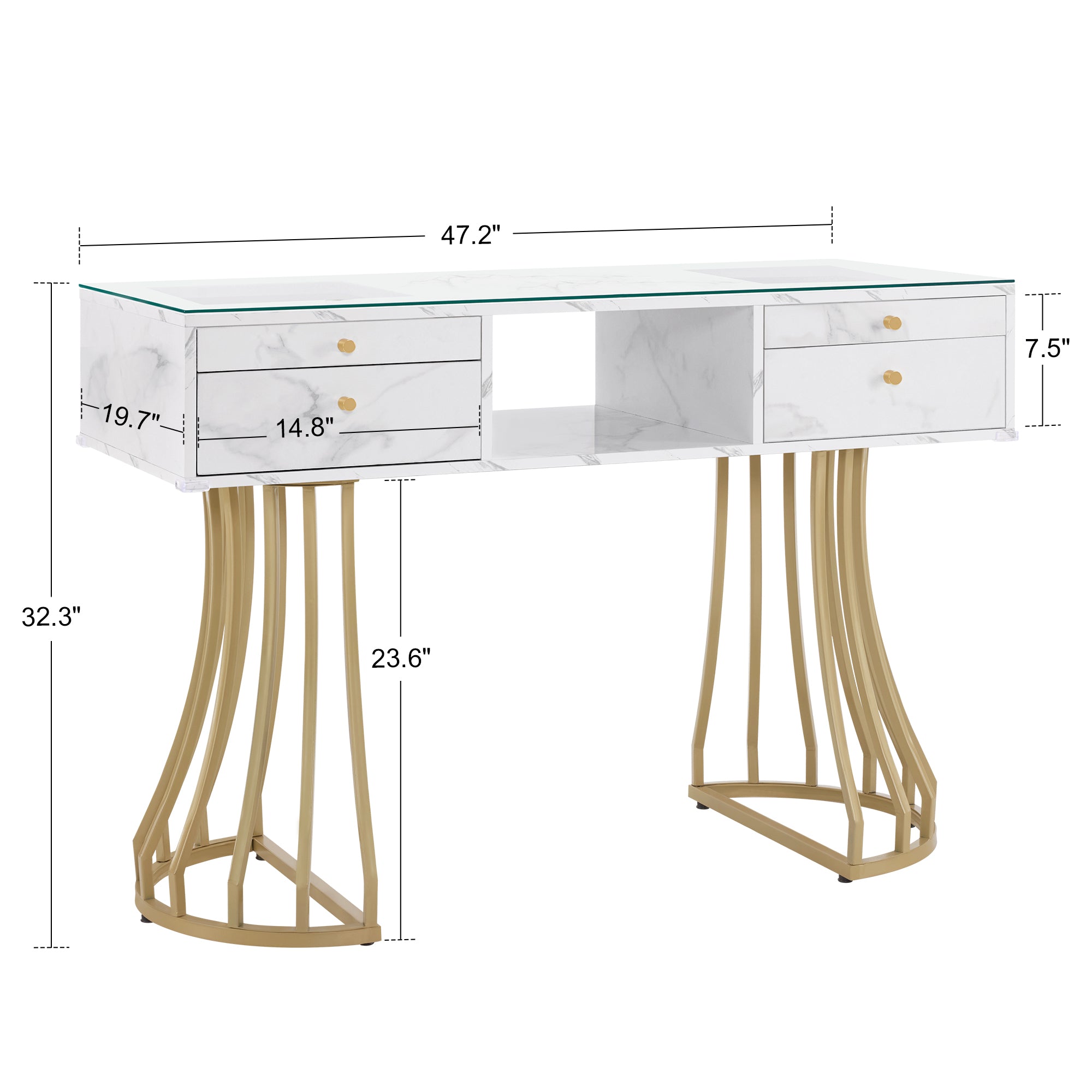 BarberPub Manicure Table with Glass, Marbling Textured Nail Tech Desk with Golden Metal Frame 2464
