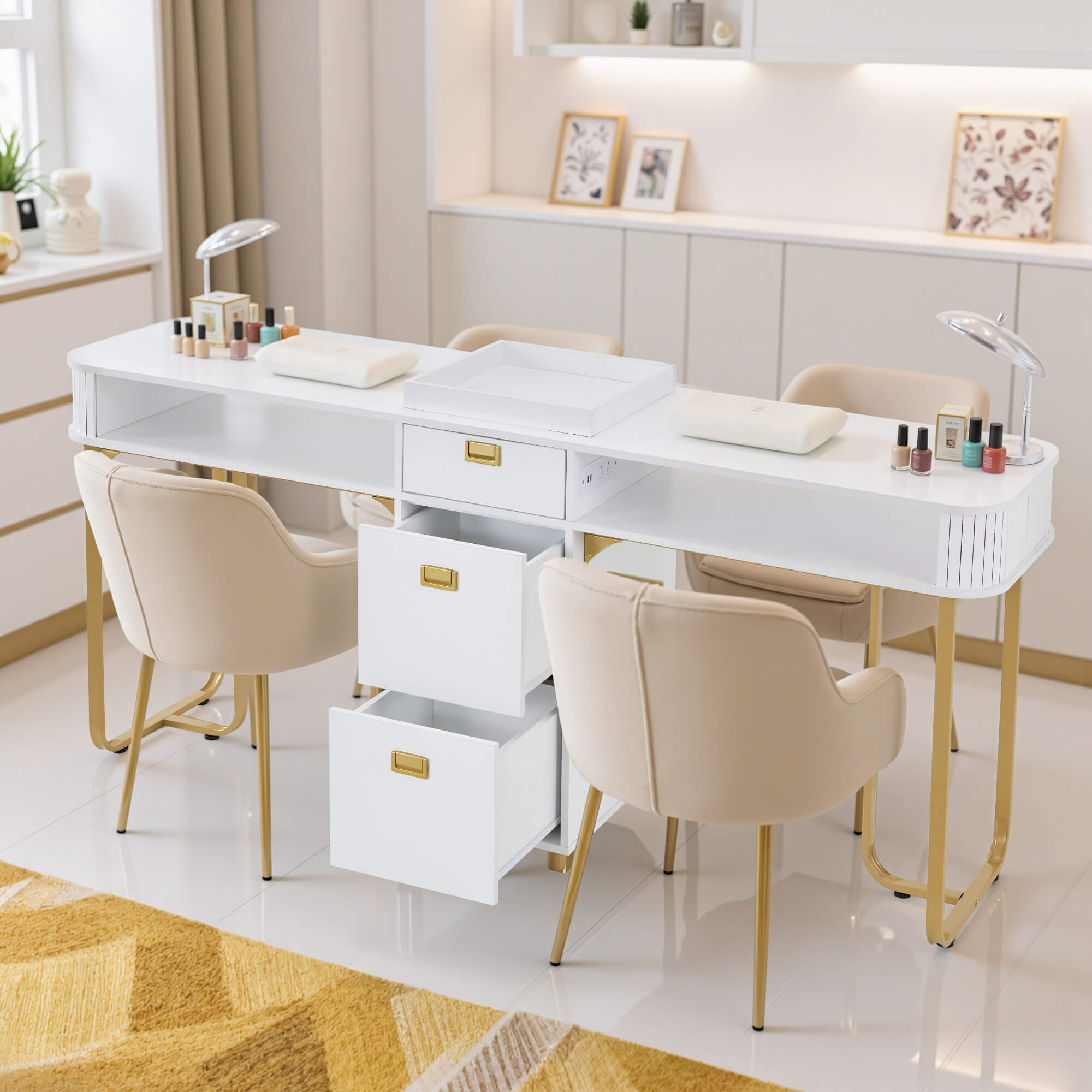 Modern Double Manicure Table for Storage, Acetone Resistant Nail Desk with Built-In Power Outlet 2451
