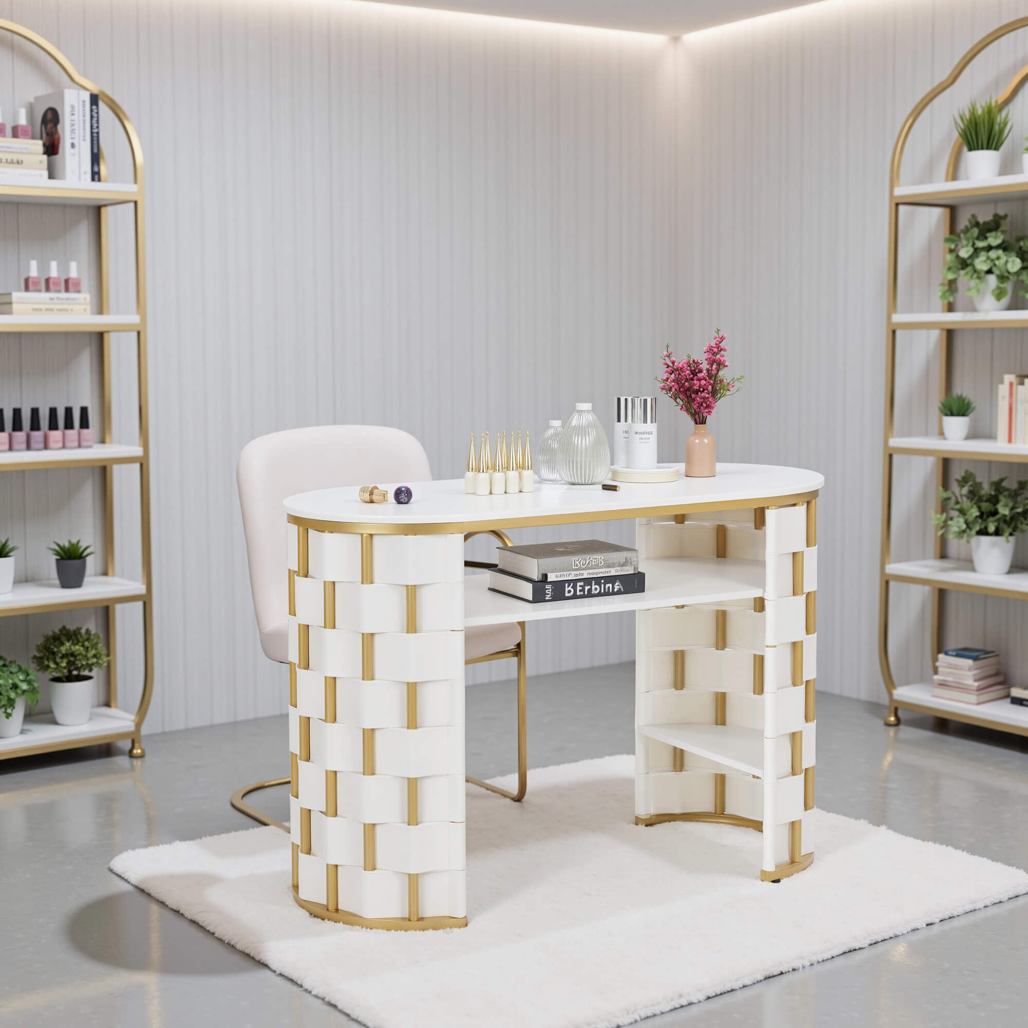 White Woven Leather Manicure Table for Storage, Beauty Salon Nail Desk with Metal Frame 2405