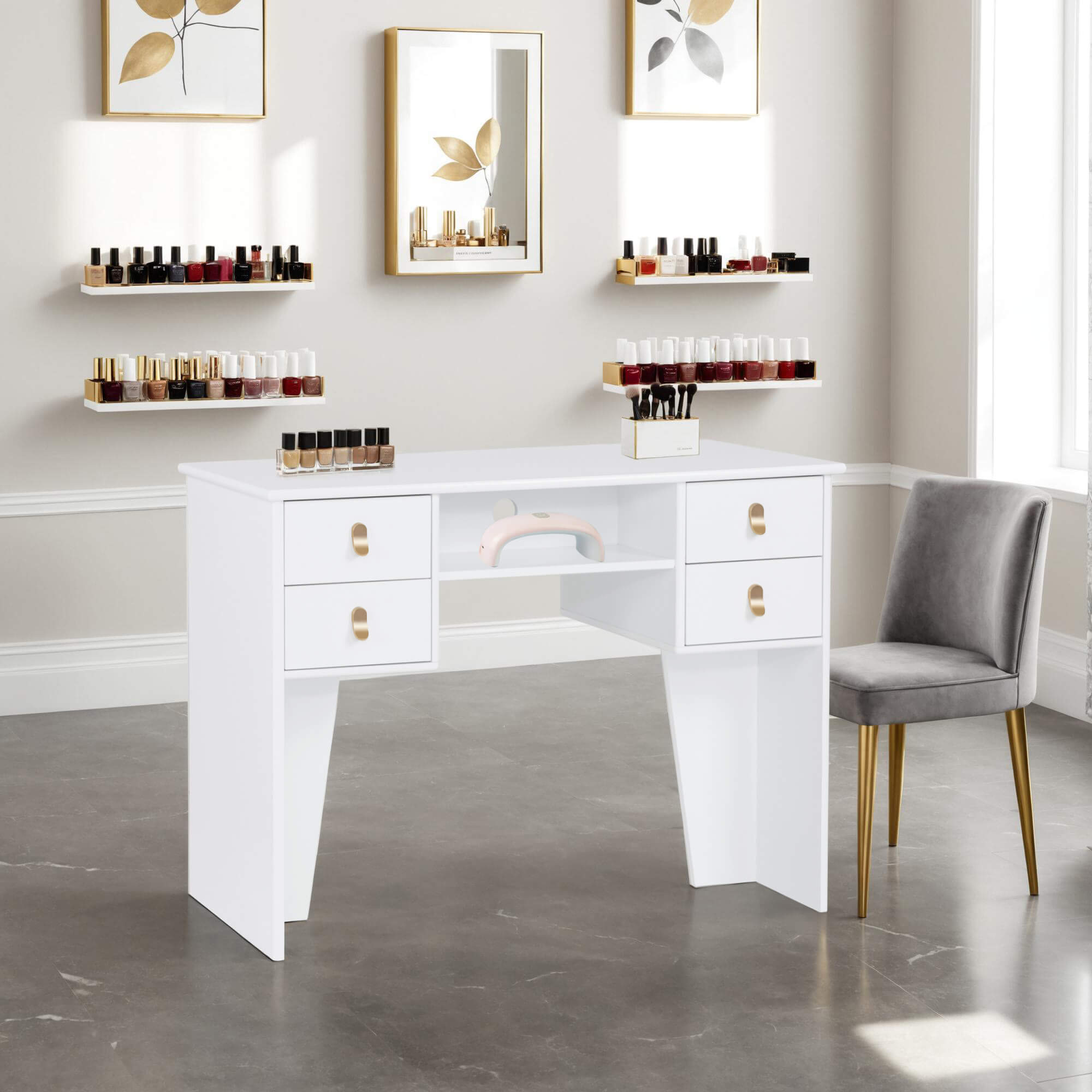 BarberPub All-White Manicure Table for Storage, Beauty Nail Desk with Double-sided Open Space 2997