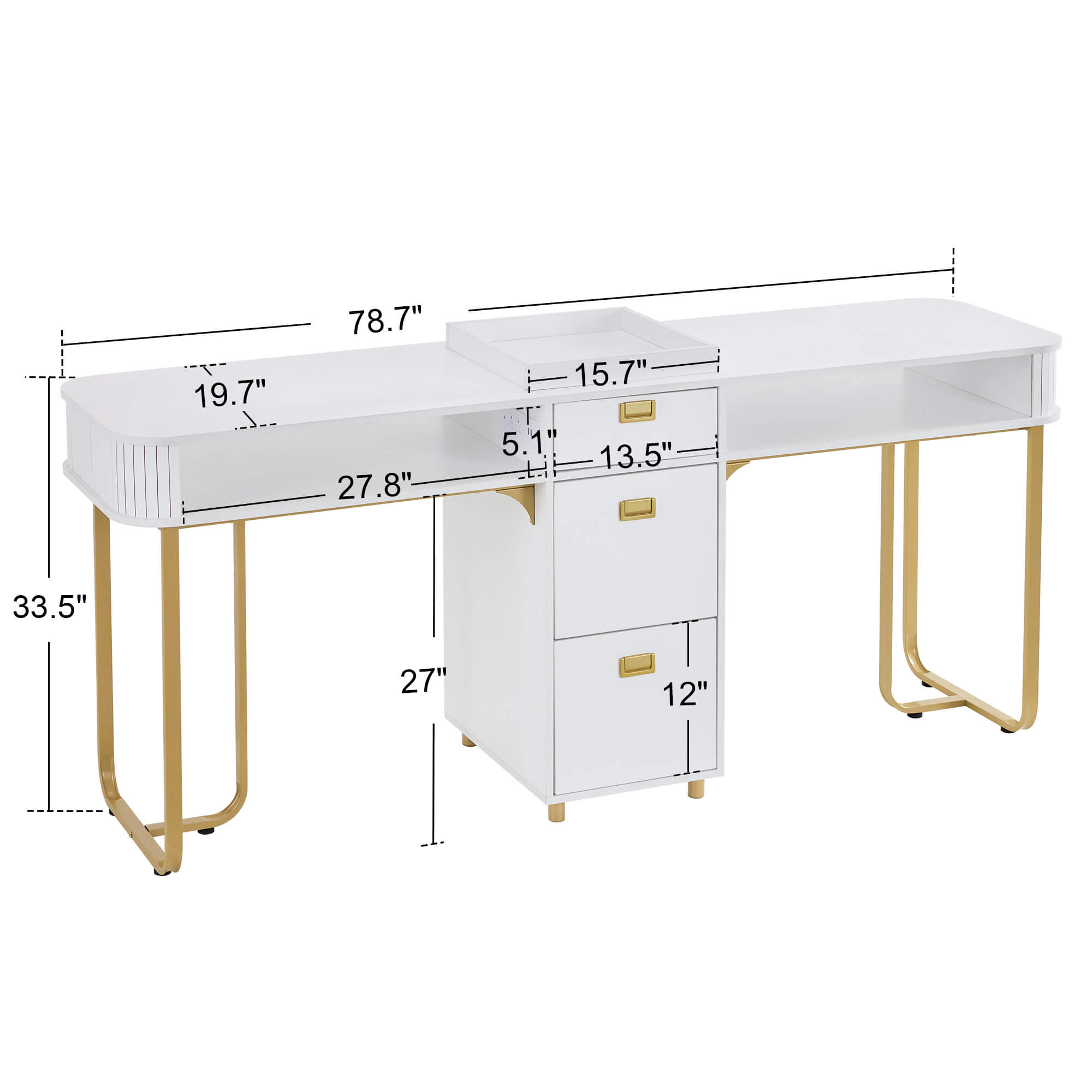 Modern Double Manicure Table for Storage, Acetone Resistant Nail Desk with Built-In Power Outlet 2451