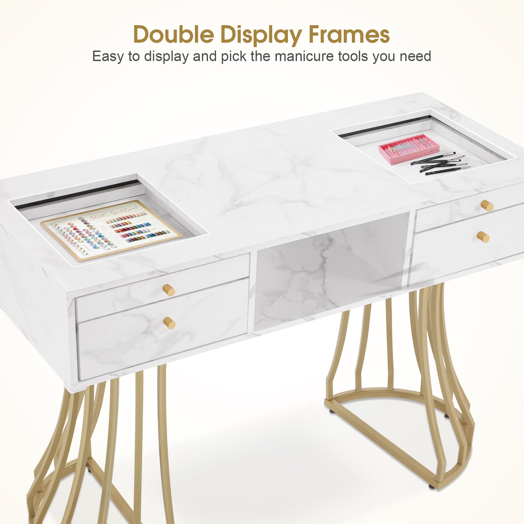 BarberPub Manicure Table with Glass, Marbling Textured Nail Tech Desk with Golden Metal Frame 2464