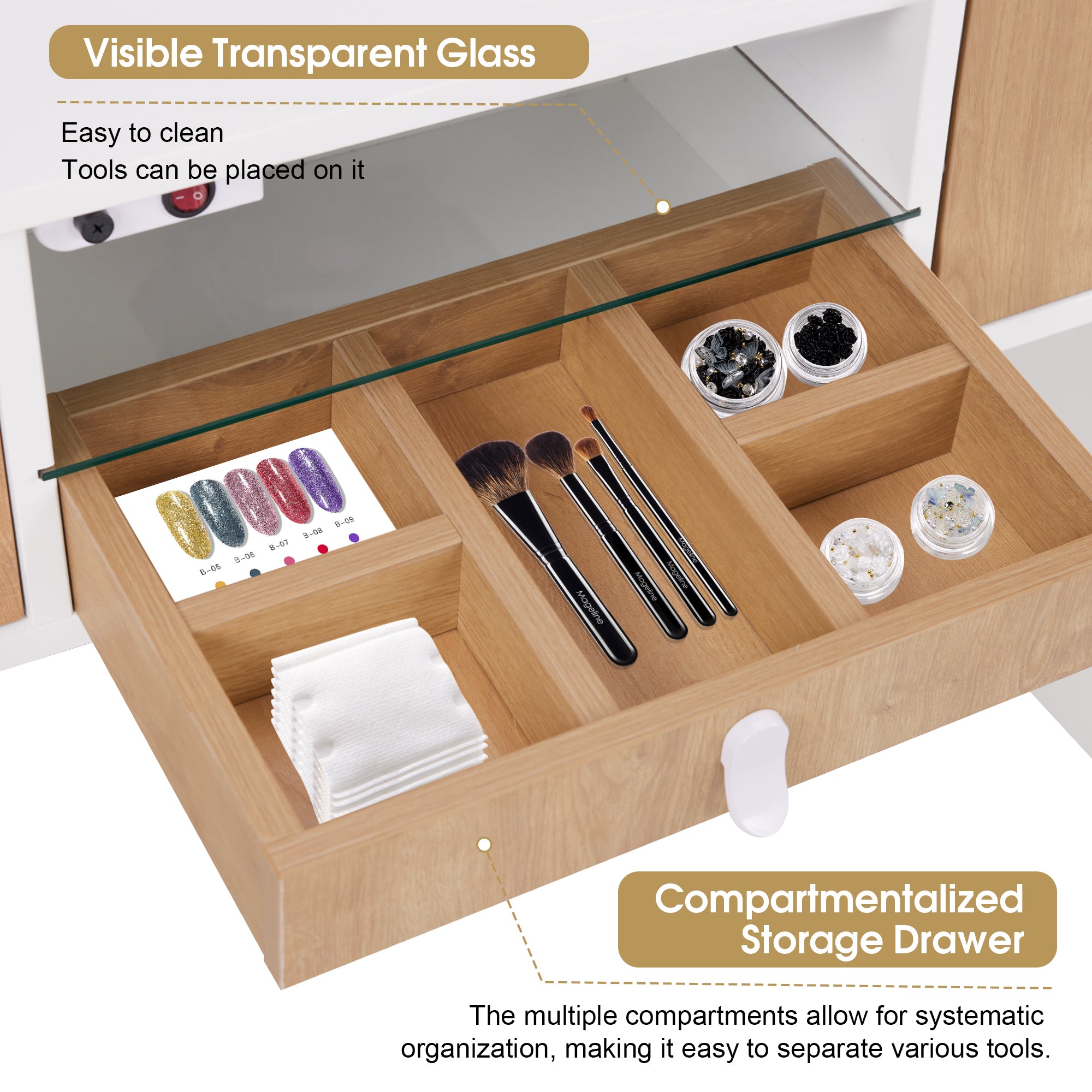 Nail Tech Desk with Electric Dust Collector & Built-In Socket, Manicure Storage Workstation VC232