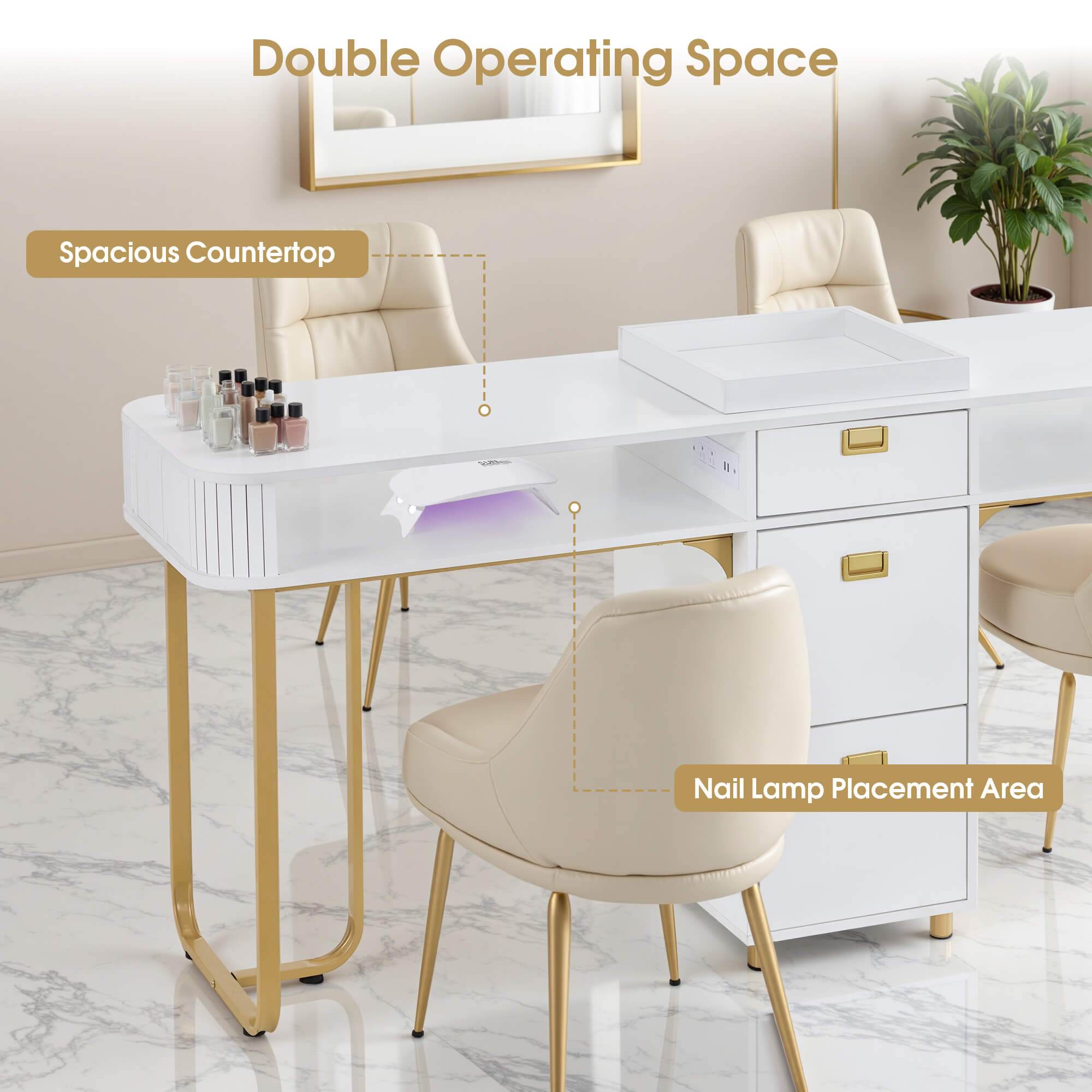 Modern Double Manicure Table for Storage, Acetone Resistant Nail Desk with Built-In Power Outlet 2451