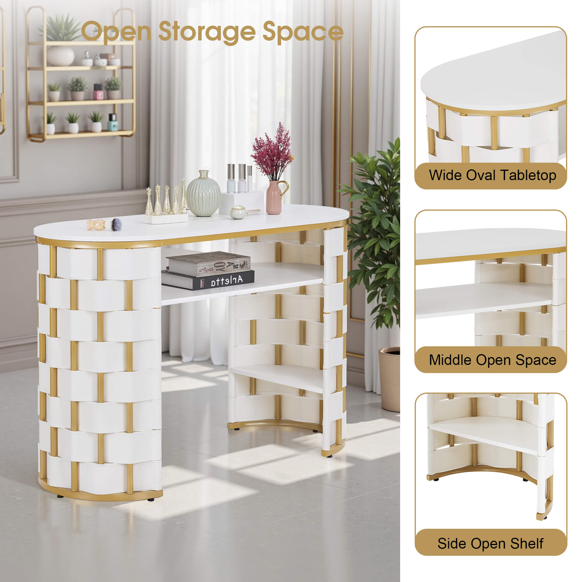 White Woven Leather Manicure Table for Storage, Beauty Salon Nail Desk with Metal Frame 2405