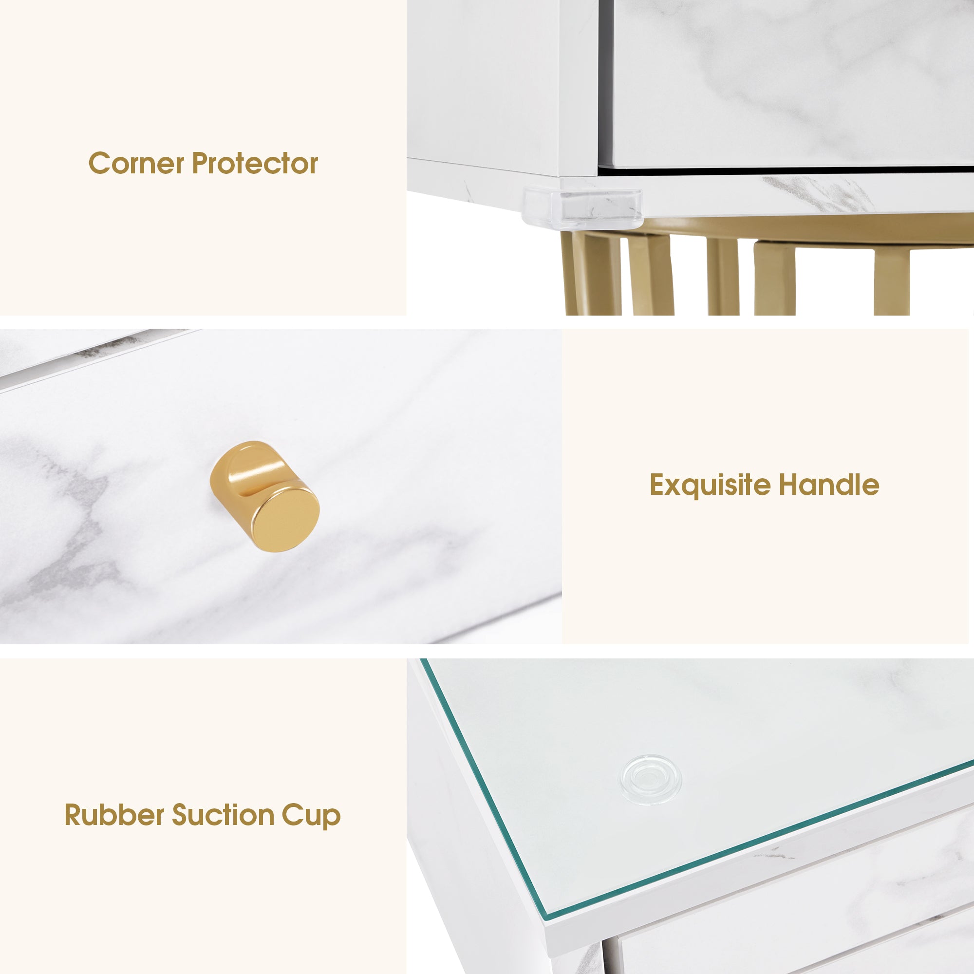 BarberPub Manicure Table with Glass, Marbling Textured Nail Tech Desk with Golden Metal Frame 2464