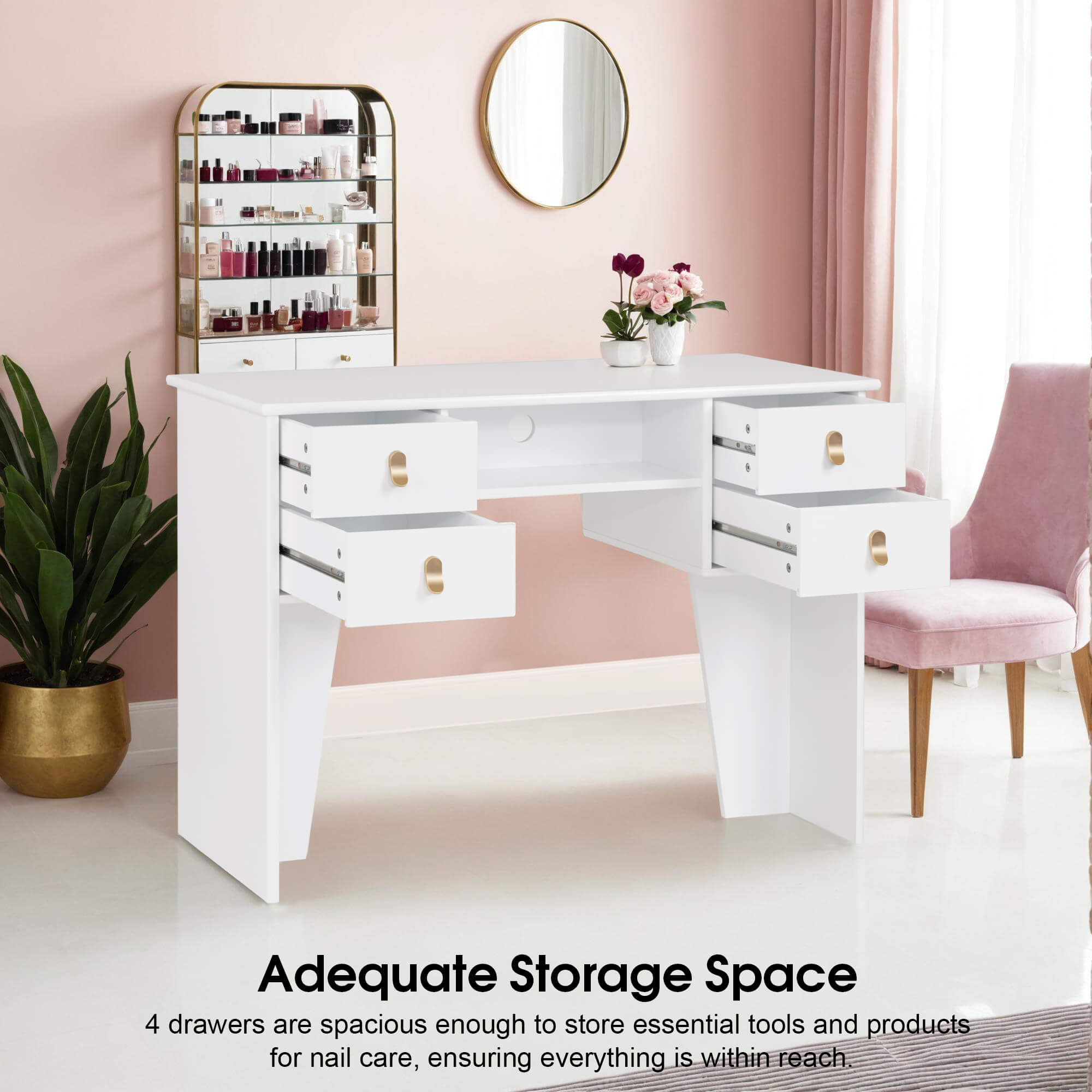 BarberPub All-White Manicure Table for Storage, Beauty Nail Desk with Double-sided Open Space 2997