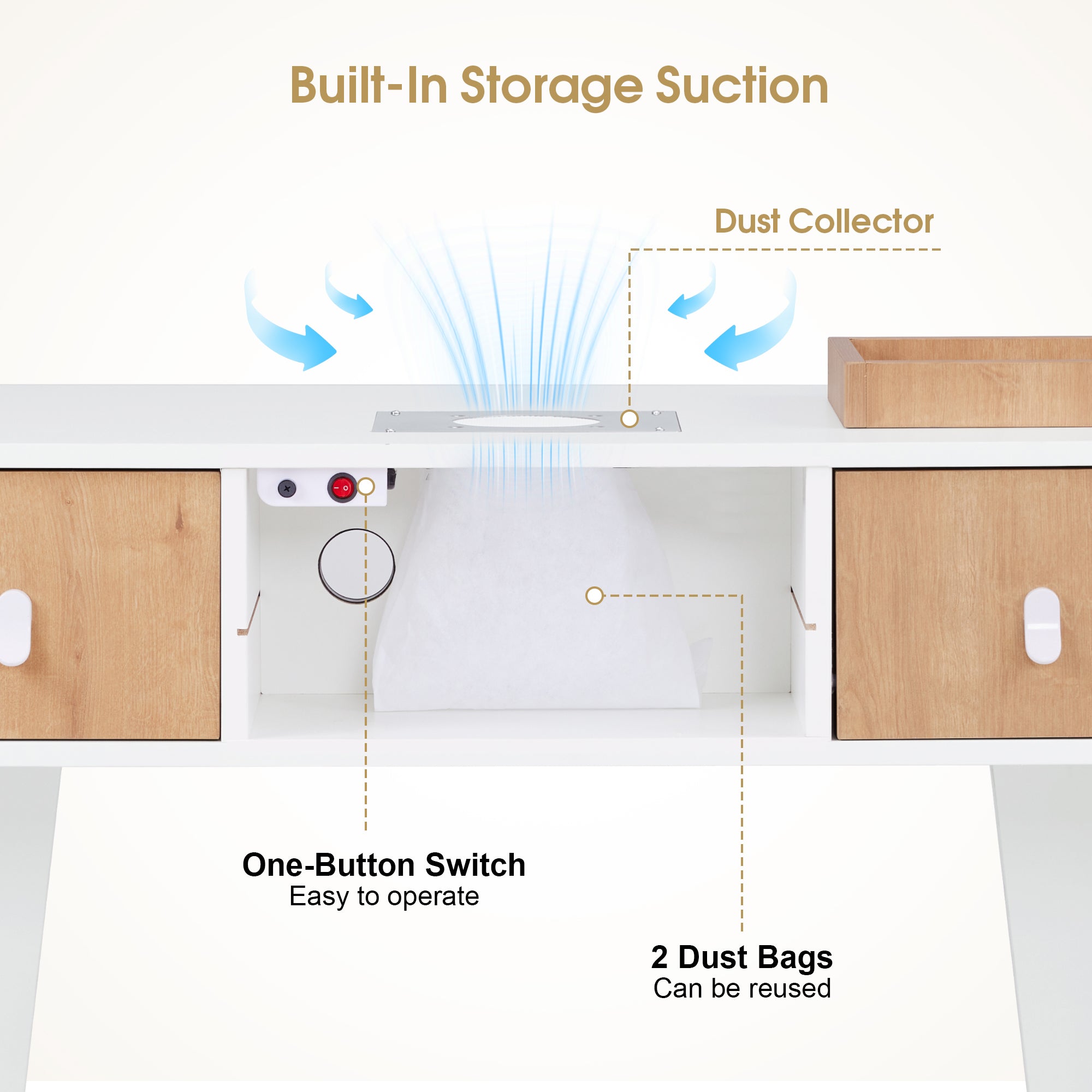 Nail Tech Desk with Electric Dust Collector & Built-In Socket, Manicure Storage Workstation VC232