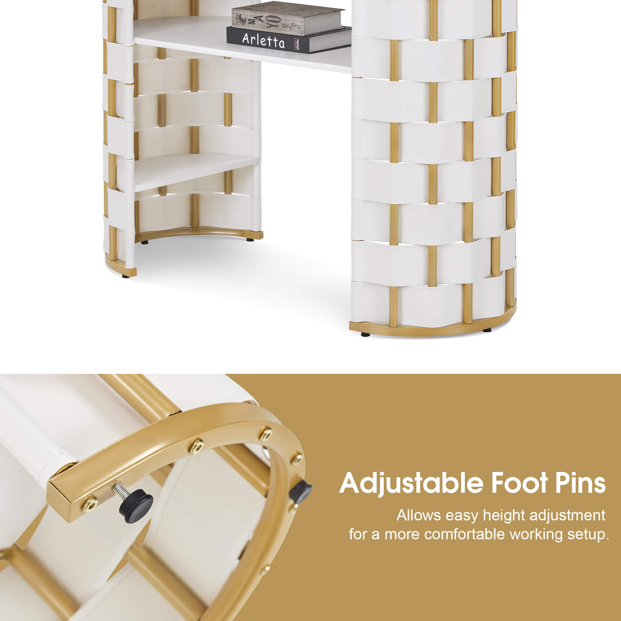 White Woven Leather Manicure Table for Storage, Beauty Salon Nail Desk with Metal Frame 2405