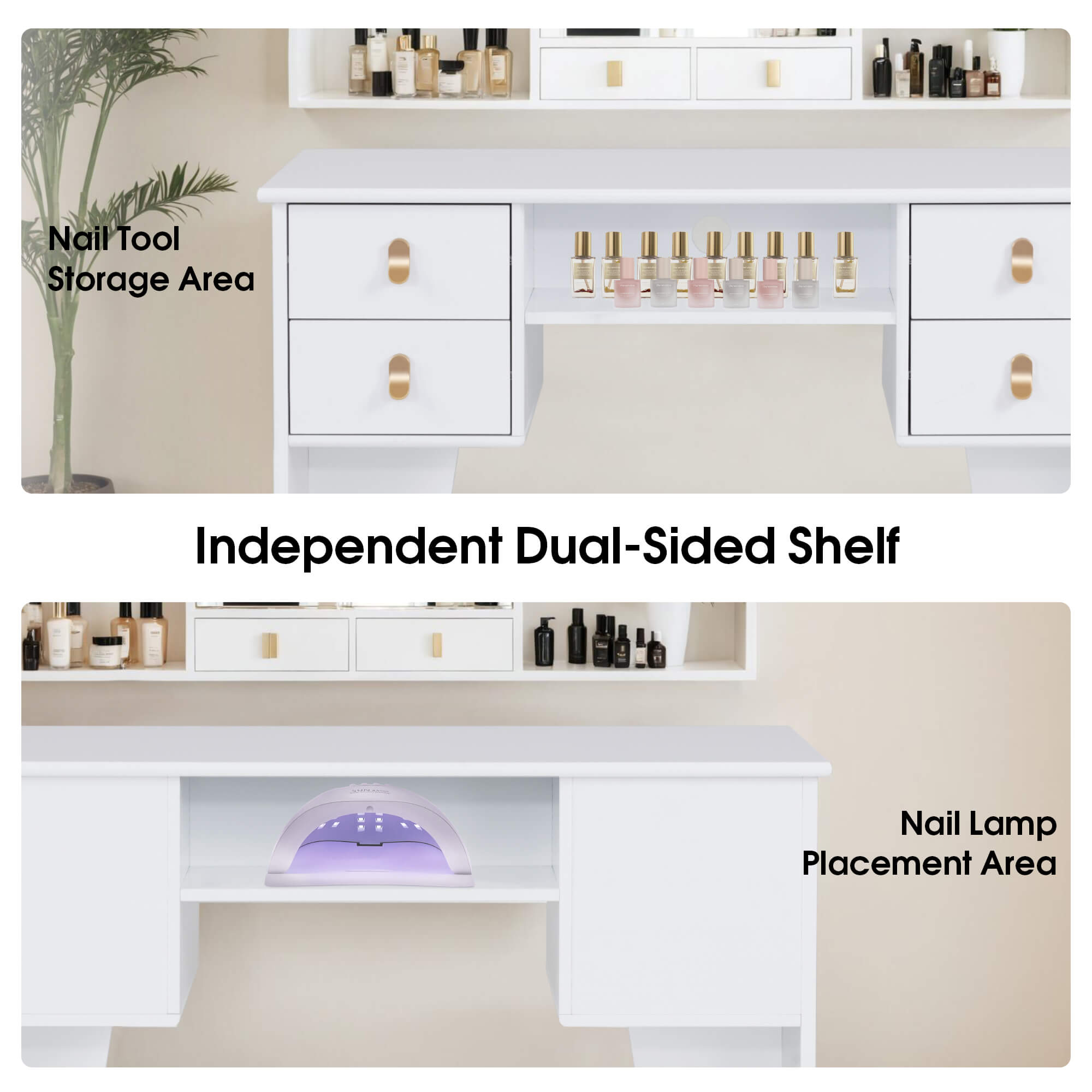 BarberPub All-White Manicure Table for Storage, Beauty Nail Desk with Double-sided Open Space 2997