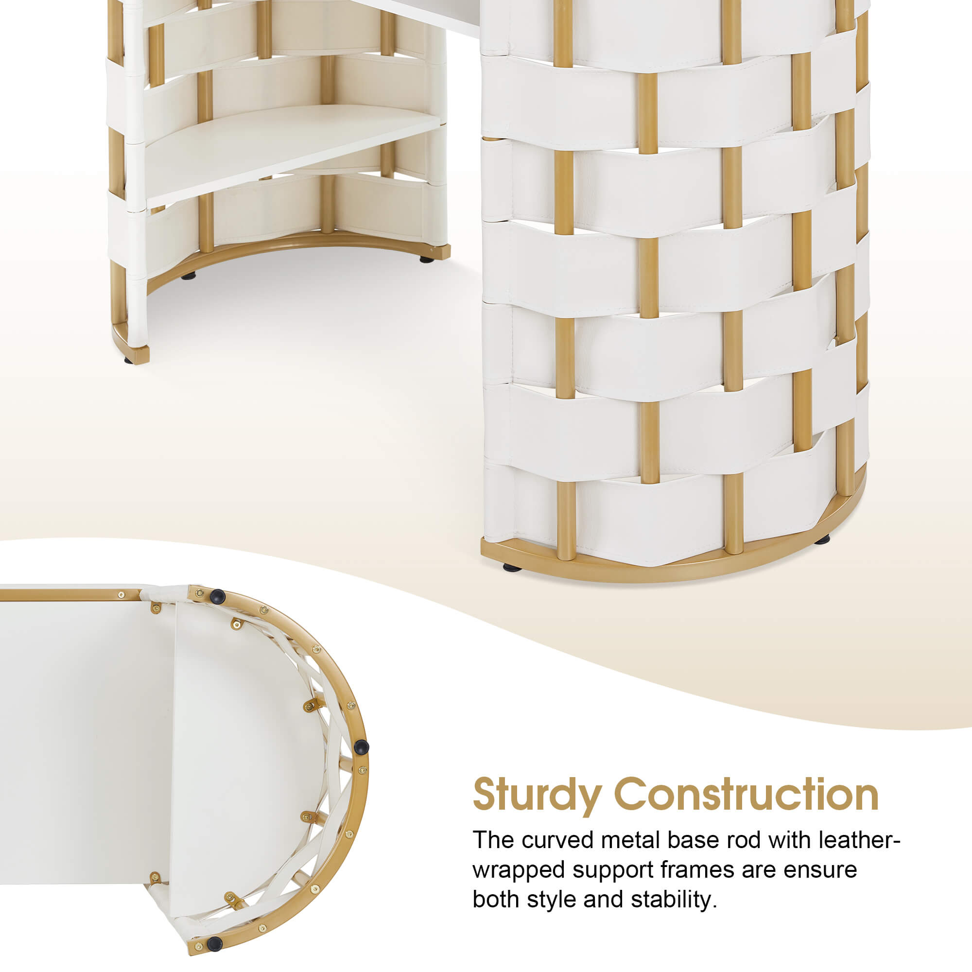 White Woven Leather Manicure Table for Storage, Beauty Salon Nail Desk with Metal Frame 2405