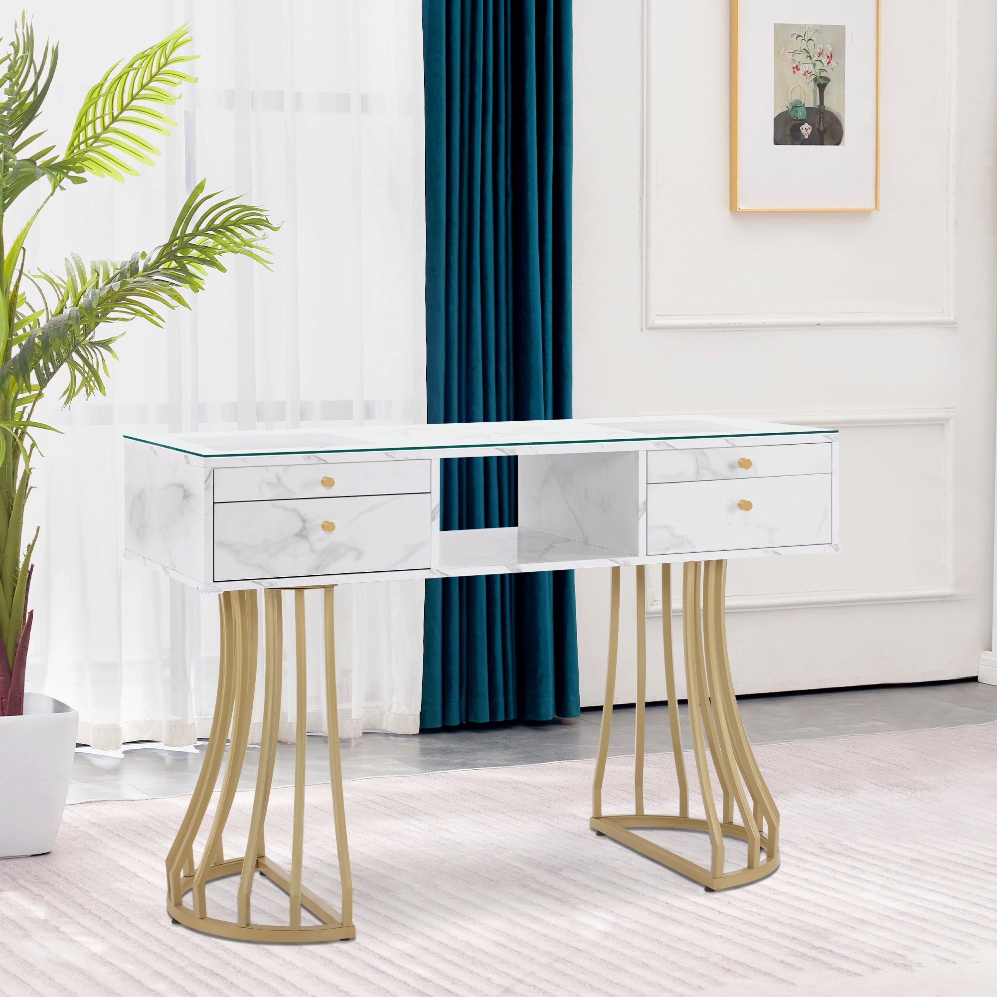 BarberPub Manicure Table with Glass, Marbling Textured Nail Tech Desk with Golden Metal Frame 2464