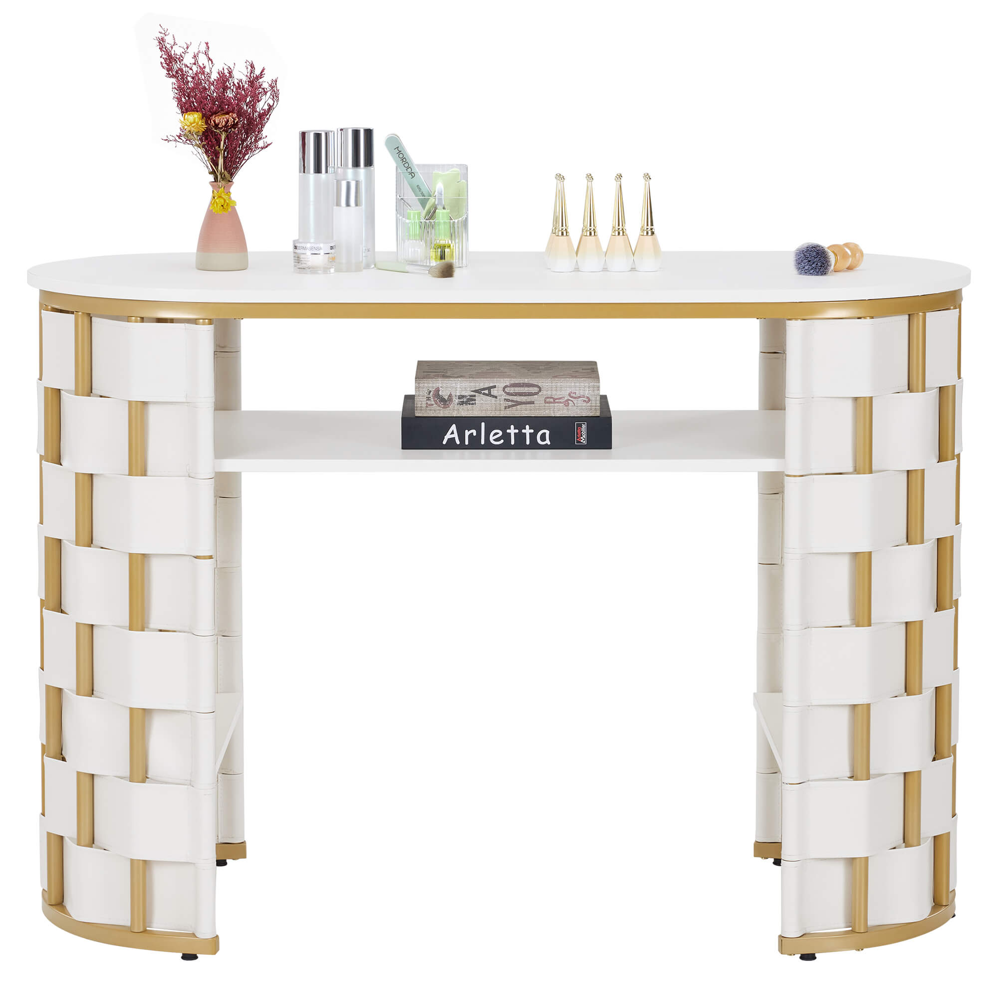 White Woven Leather Manicure Table for Storage, Beauty Salon Nail Desk with Metal Frame 2405