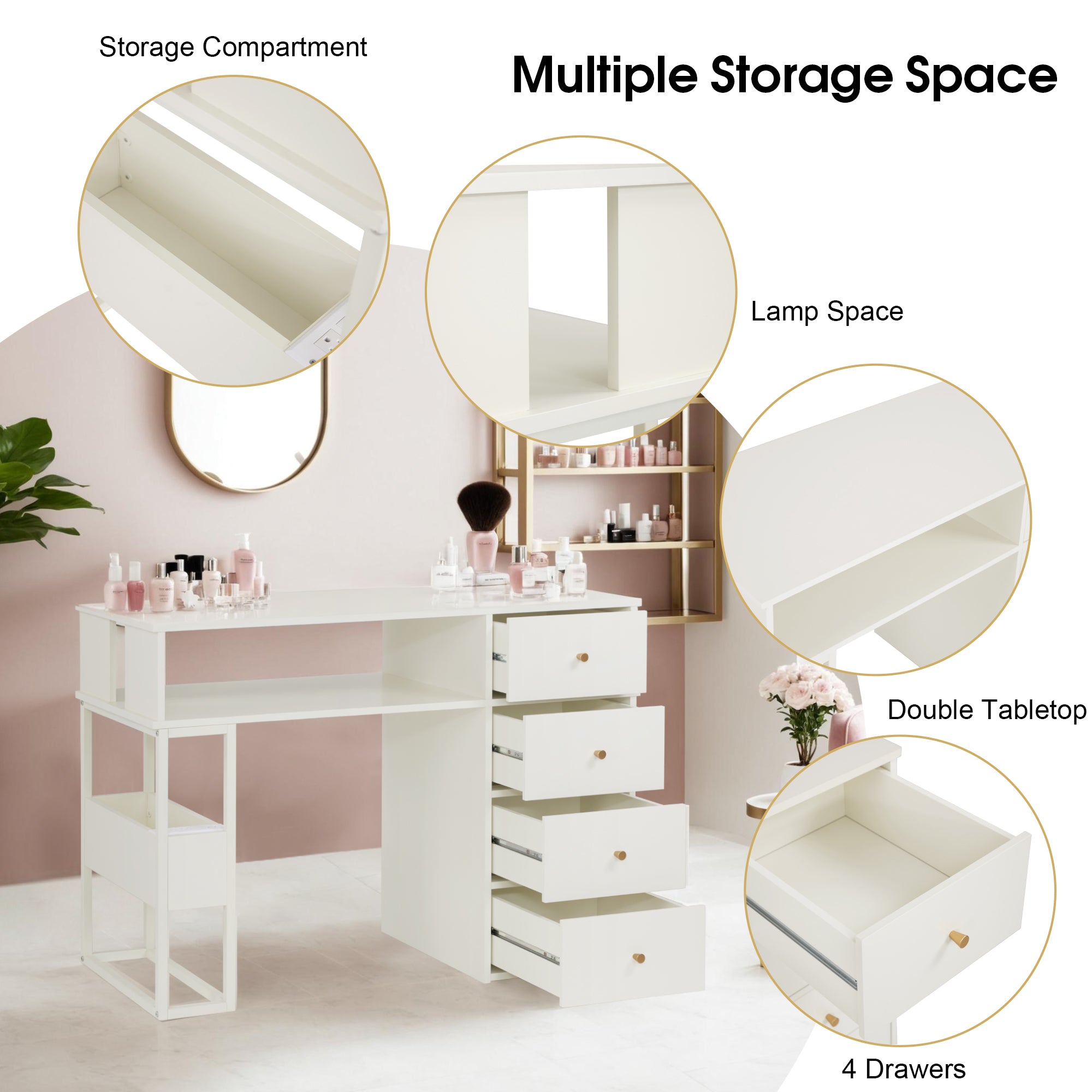 Cream White Nail Tech Desk with Built-In Storage, AC Outlets & USB Ports, Modern Manicure Equipment 2993