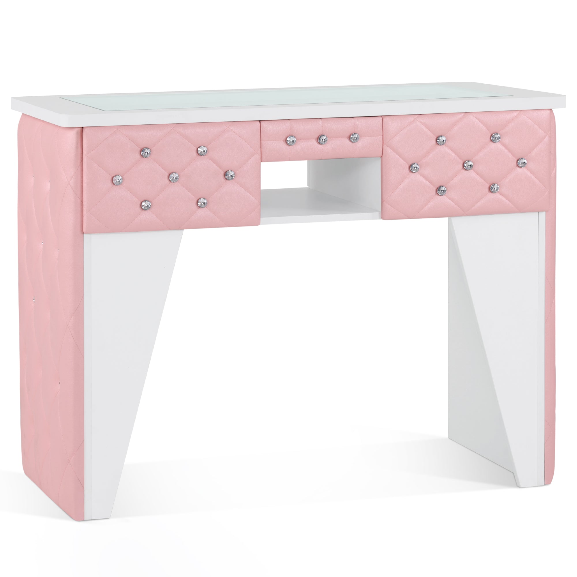 Glass-Top Nail Desk with Storage Drawer & Leather Padding, Beauty Manicure Station 2675