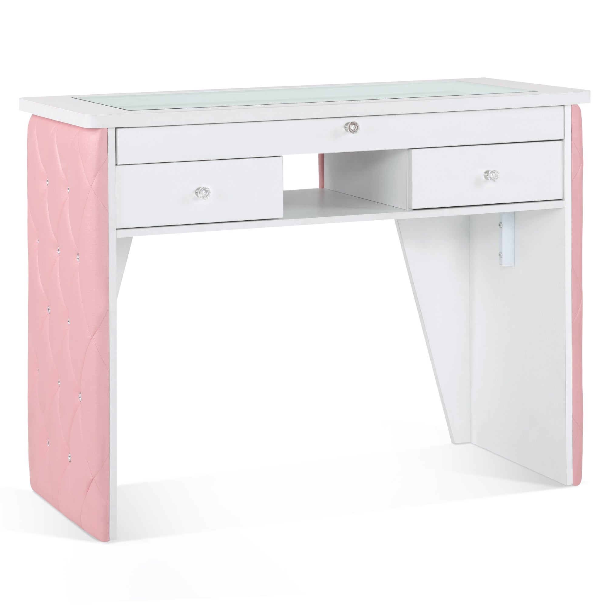 Glass-Top Nail Desk with Storage Drawer & Leather Padding, Beauty Manicure Station 2675