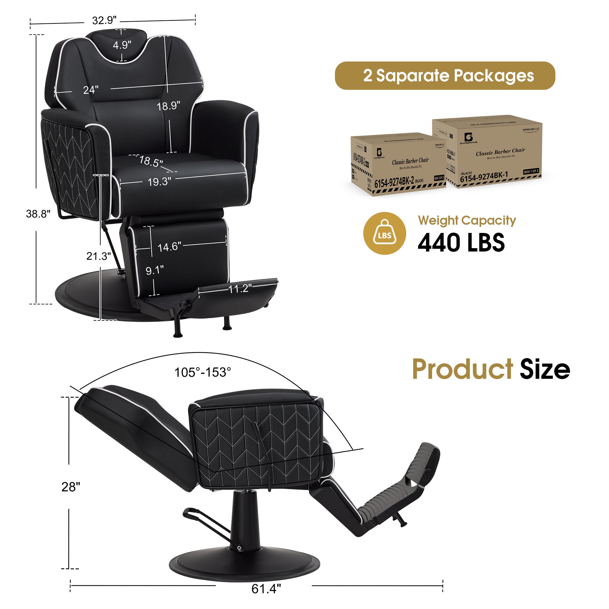 BarberPub Classic Barber Chair, Dual Hand Levers for Left-handed Users, Reclining Salon Chair, 9274