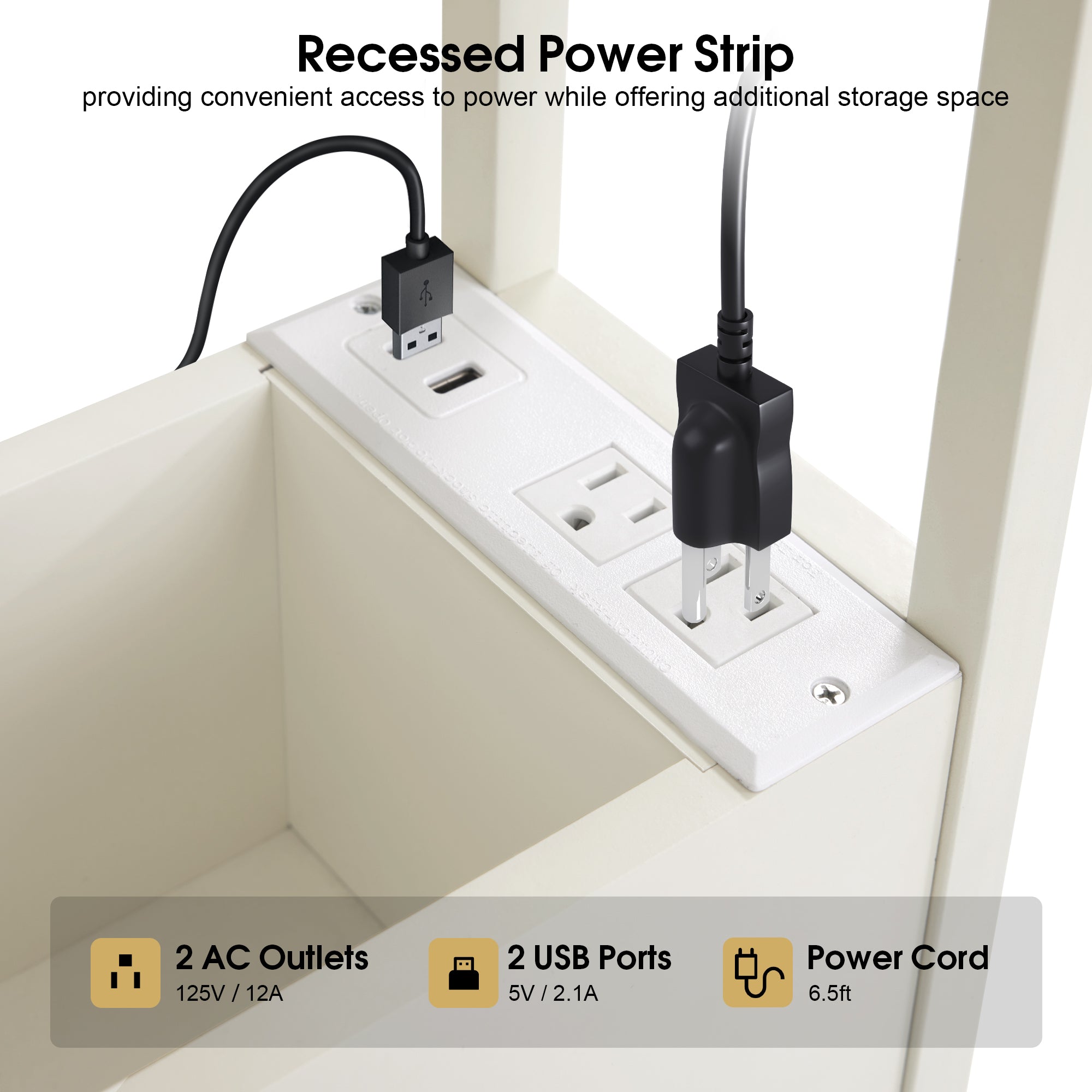 Cream White Nail Tech Desk with Built-In Storage, AC Outlets & USB Ports, Modern Manicure Equipment 2993