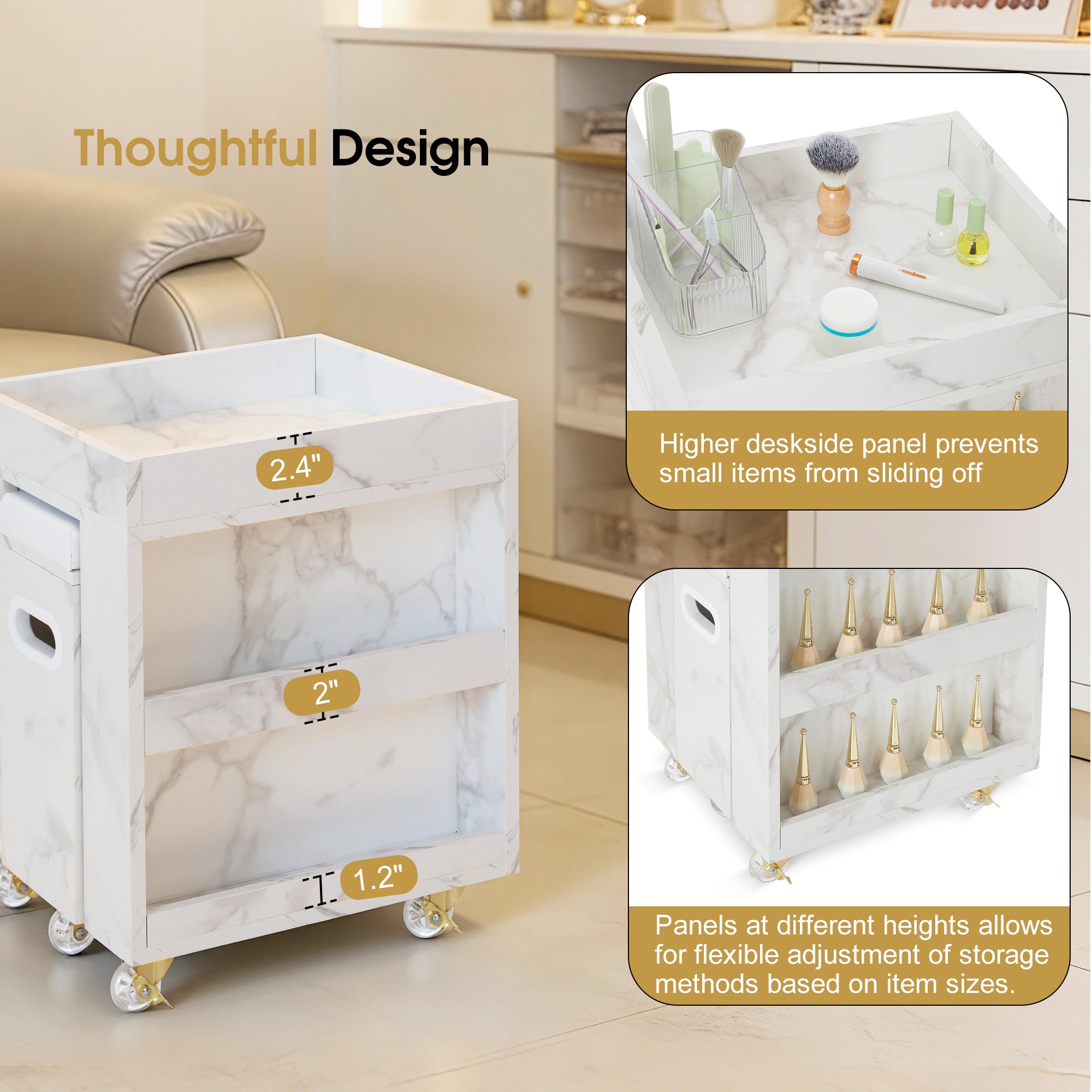 BarberPub Foot Nail Cart with Diverse Storage Spaces, Mobile Pedicure Trolley Featuring 4 Lockable Wheels 2091/2099