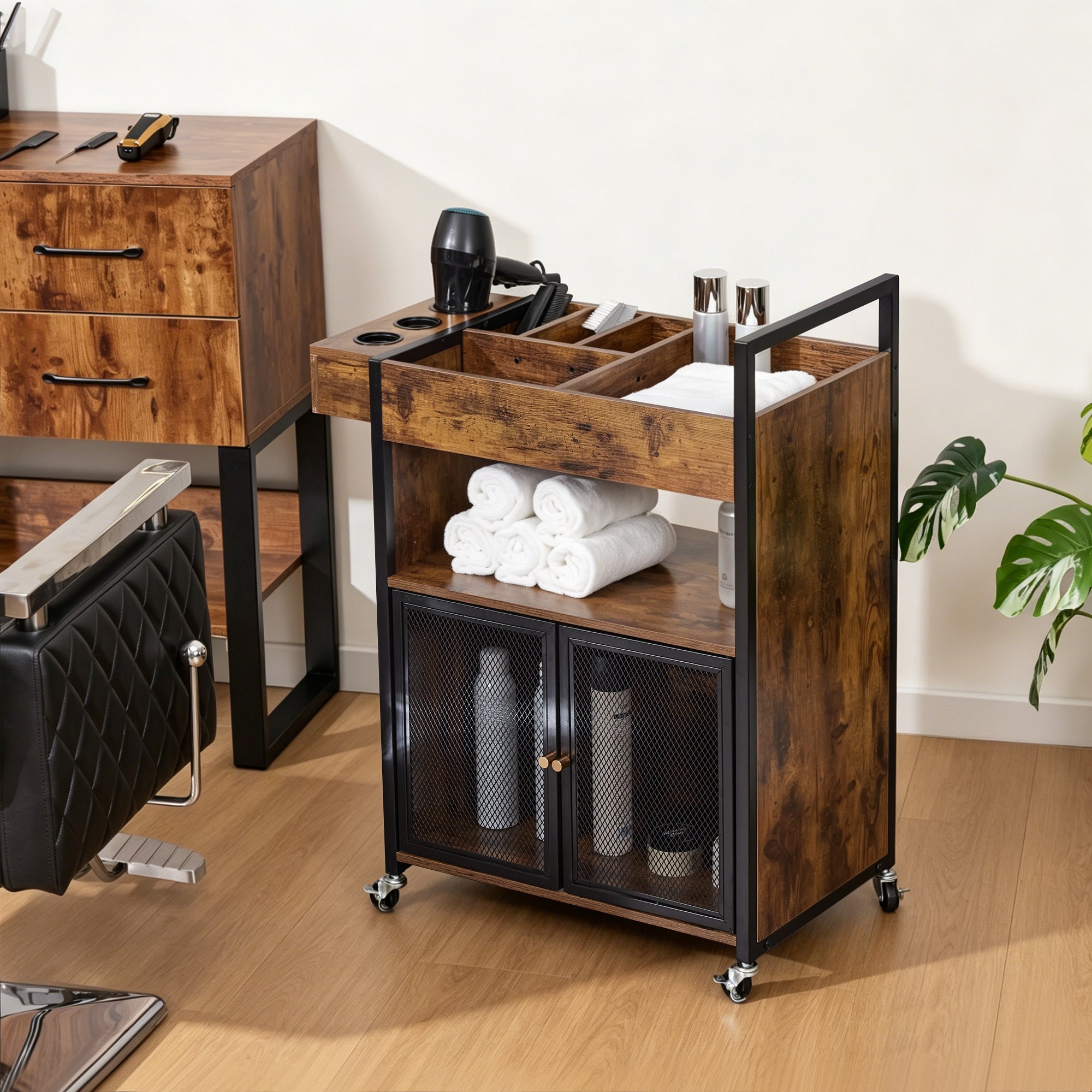 BarberPub Rolling Salon Cart with Power Outlet, Barber Trolley with Metal Tool Holder & Storage Cabinet, Beauty Salon Equipment with Mesh Doors for Hair Stylist 2087