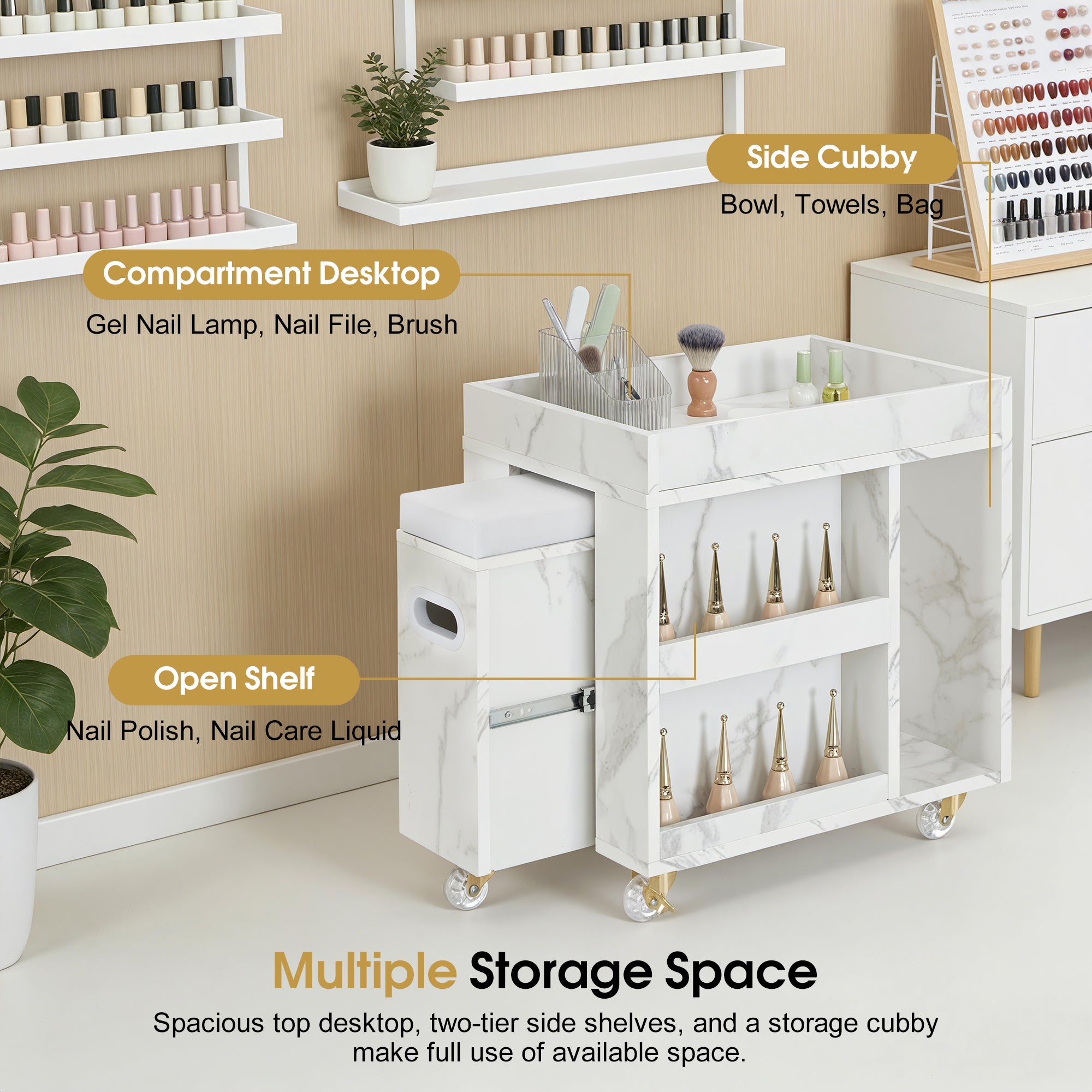 BarberPub Foot Nail Cart with Diverse Storage Spaces, Mobile Pedicure Trolley Featuring 4 Lockable Wheels 2091/2099