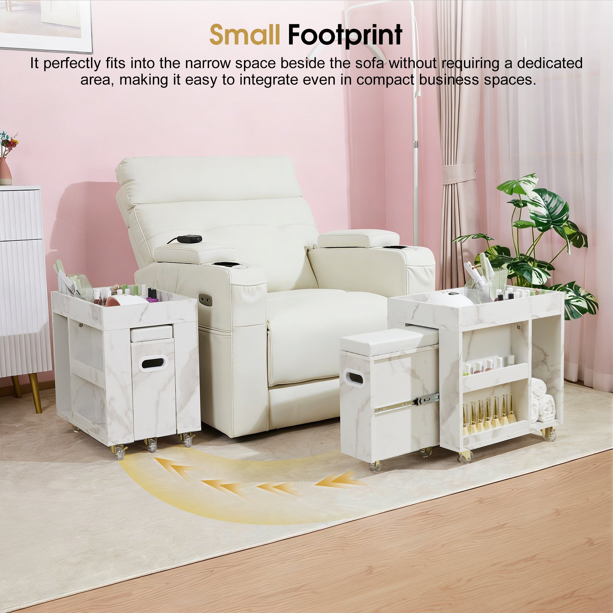 BarberPub Foot Nail Cart with Diverse Storage Spaces, Mobile Pedicure Trolley Featuring 4 Lockable Wheels 2091/2099
